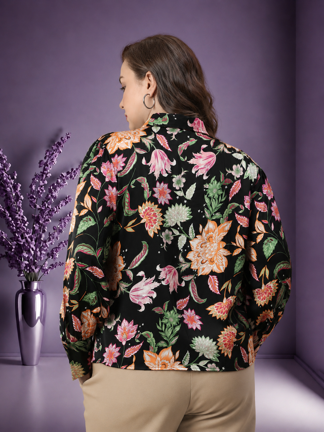 Plus Size Black Floral Print Shirt