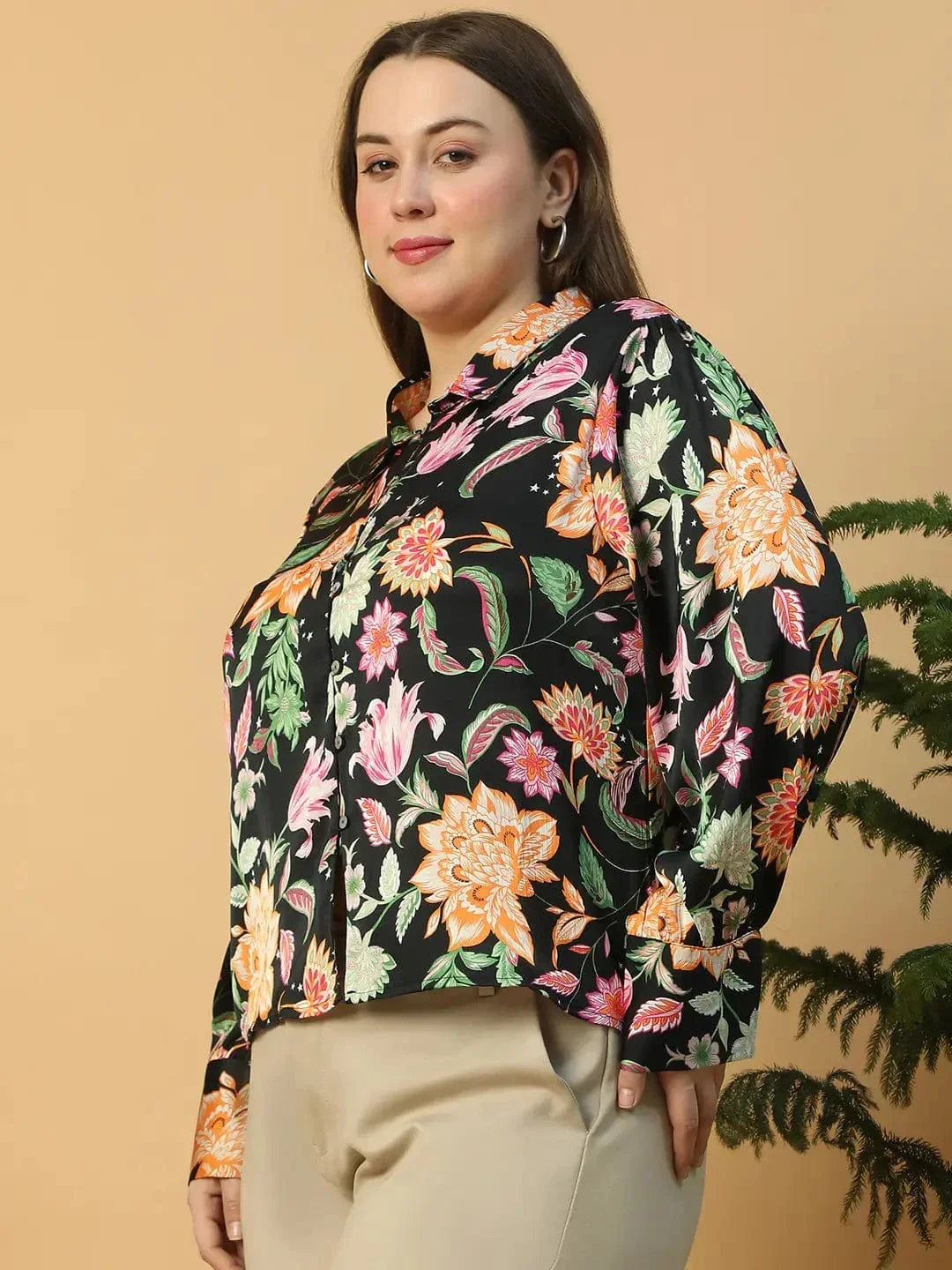 Statement Black Floral Print Button Down Collared Long Sleeve Plus Size Women Satin Shirt - oxolloxo