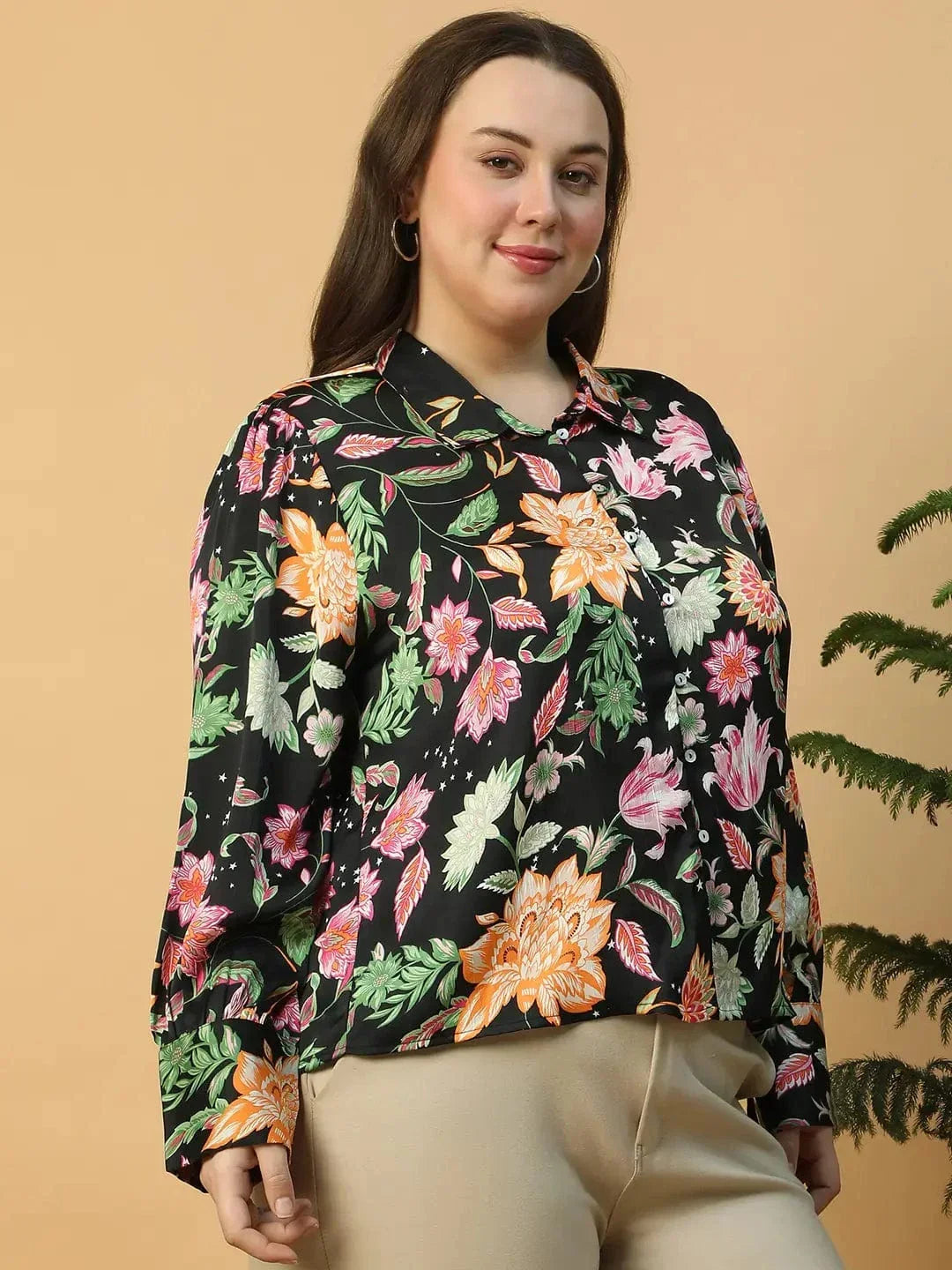 Statement Black Floral Print Button Down Collared Long Sleeve Plus Size Women Satin Shirt - oxolloxo