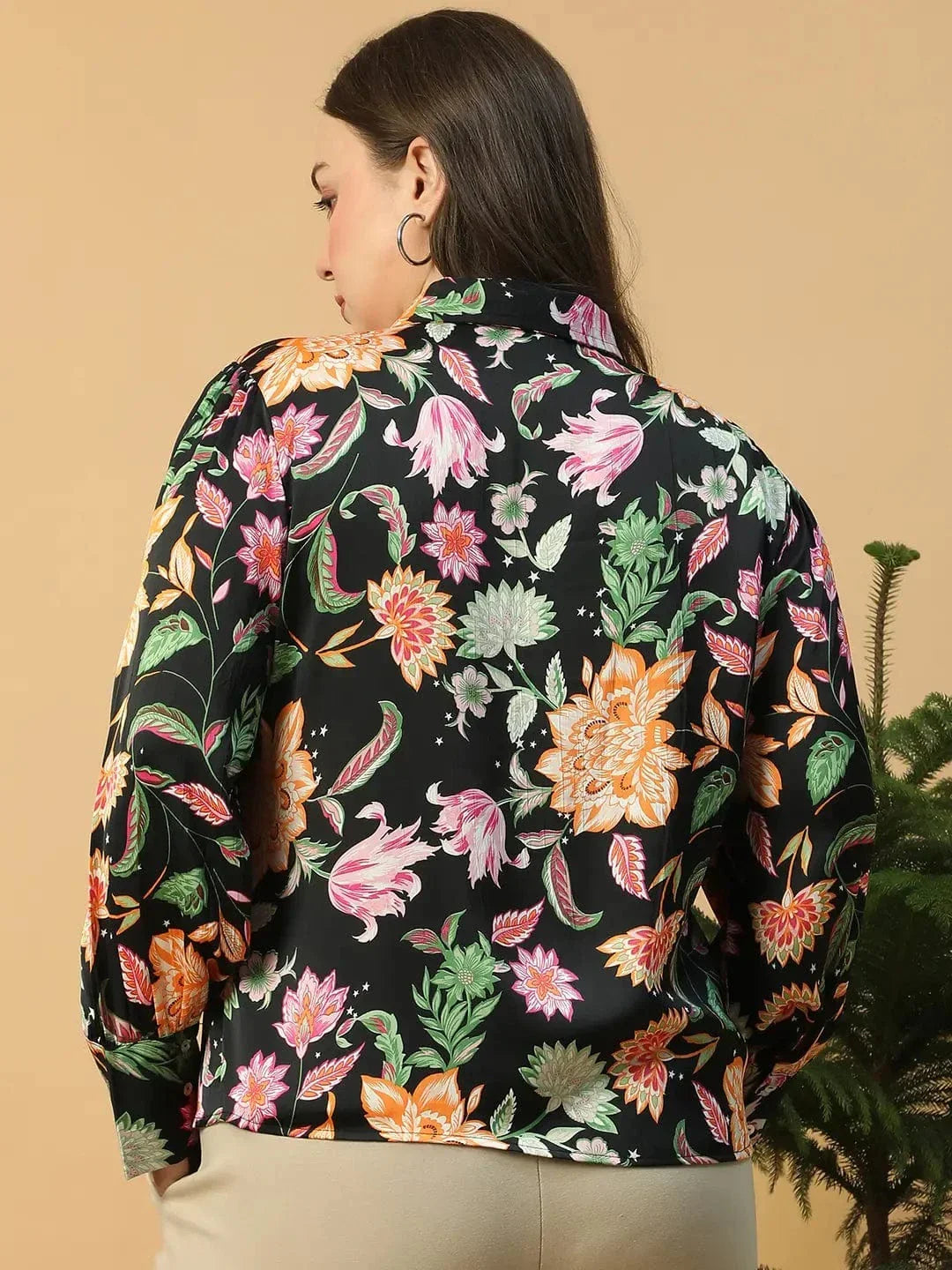 Statement Black Floral Print Button Down Collared Long Sleeve Plus Size Women Satin Shirt - oxolloxo