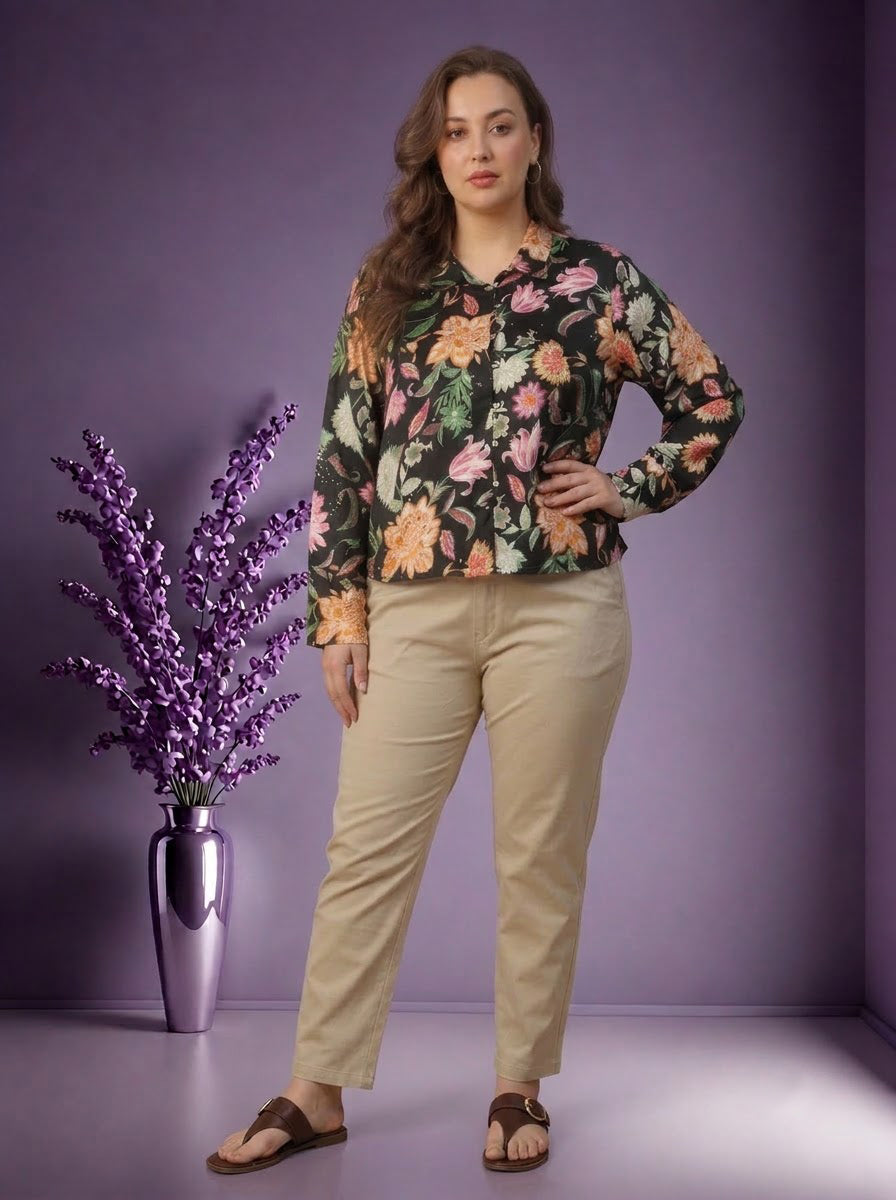 Plus Size Black Floral Print Shirt