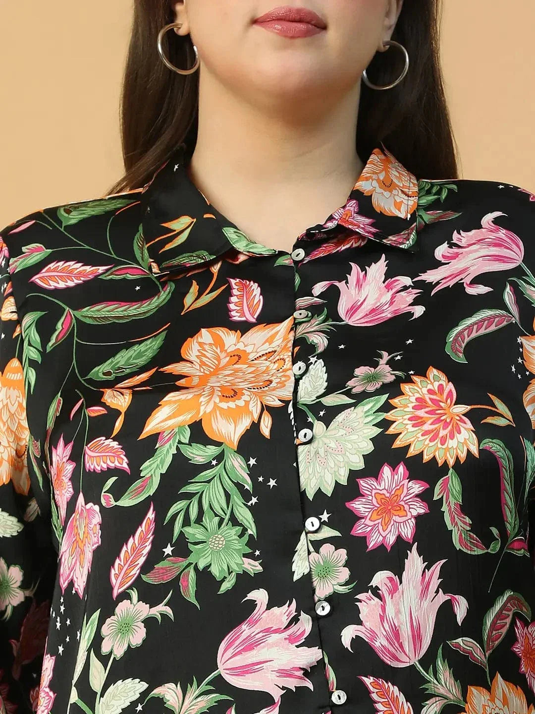 Statement Black Floral Print Button Down Collared Long Sleeve Plus Size Women Satin Shirt - oxolloxo