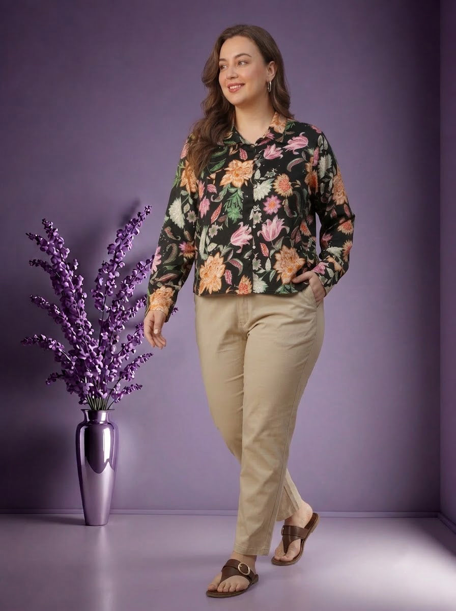 Plus Size Black Floral Print Shirt