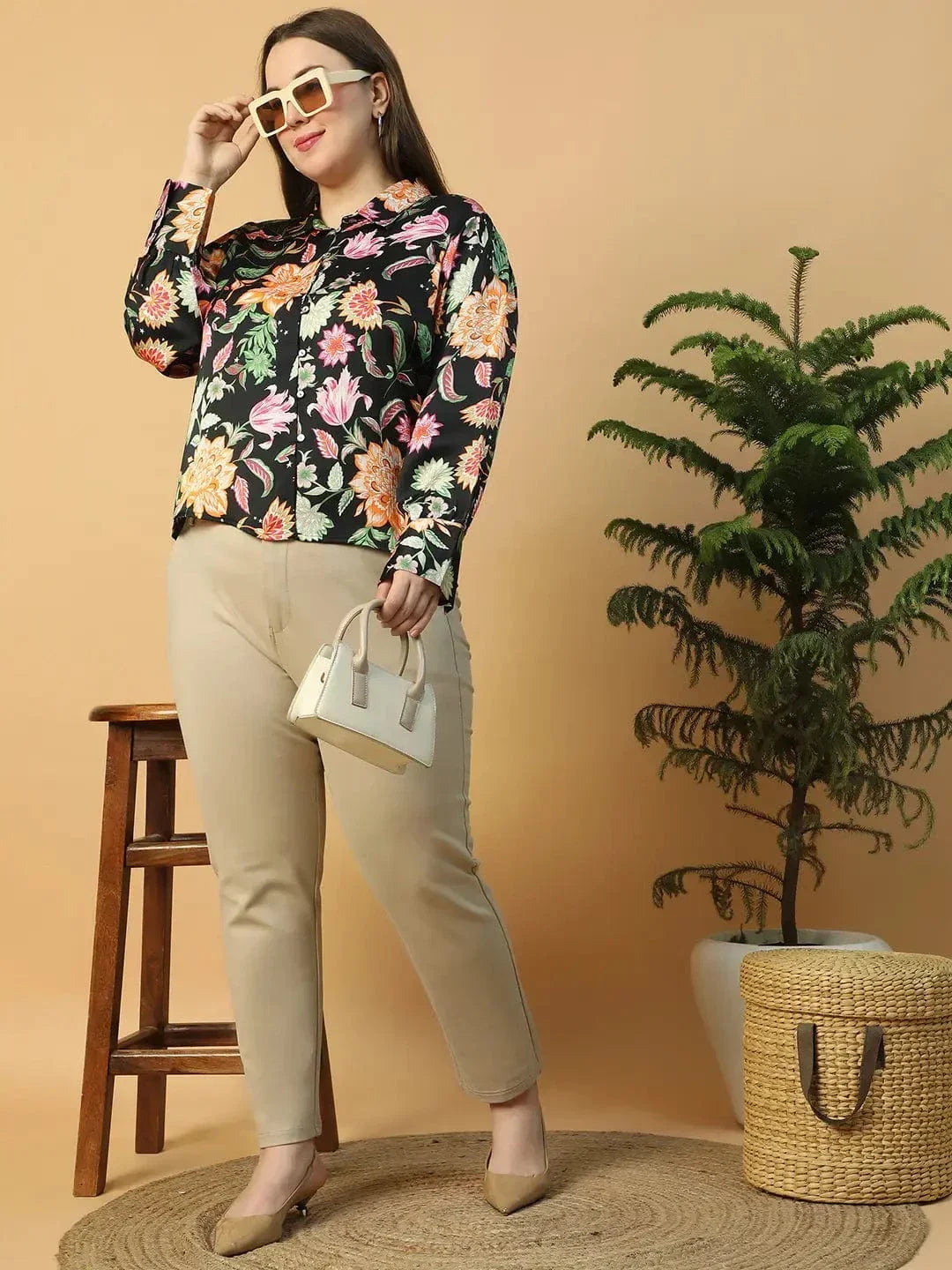 Statement Black Floral Print Button Down Collared Long Sleeve Plus Size Women Satin Shirt - oxolloxo