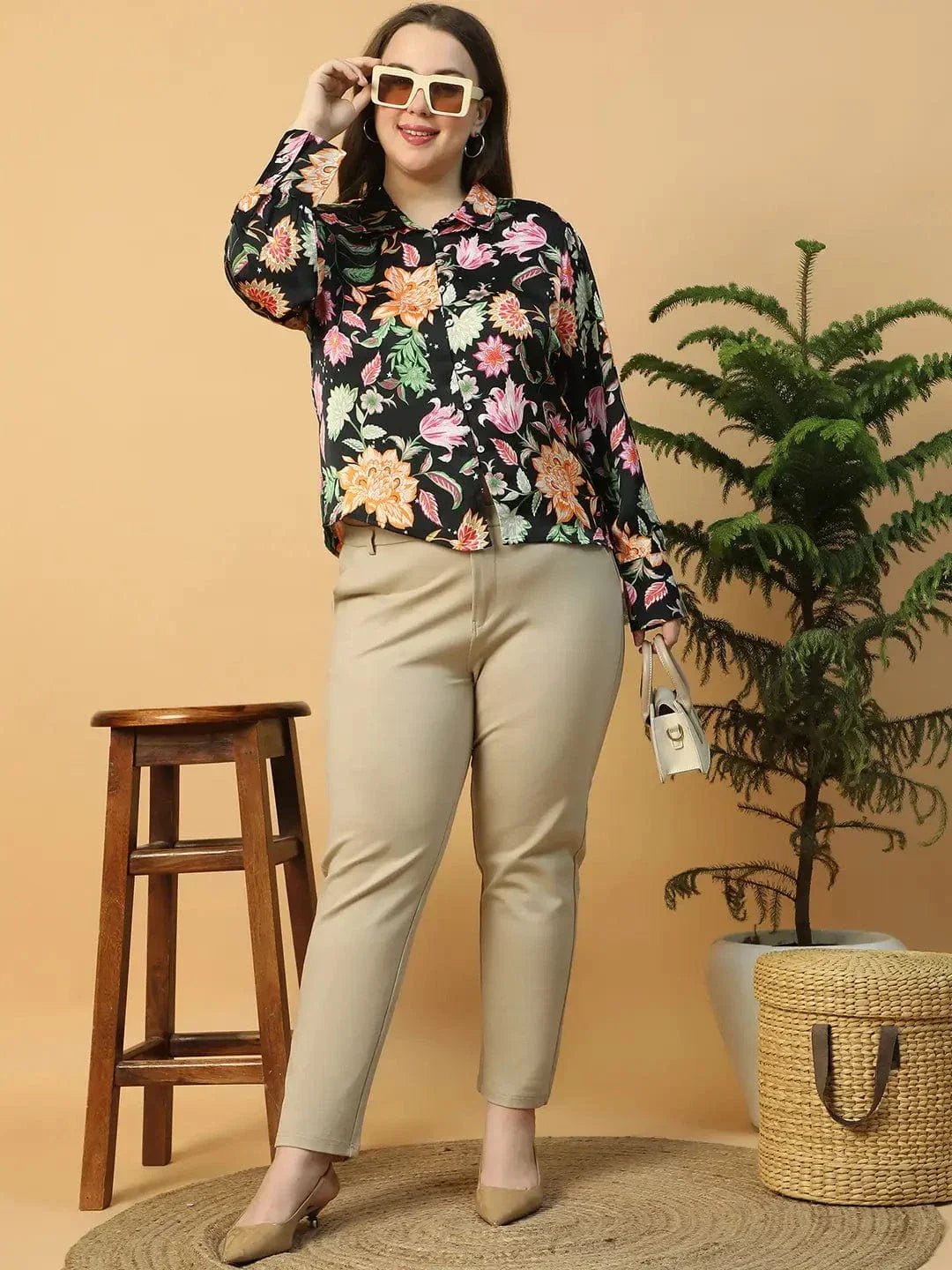Statement Black Floral Print Button Down Collared Long Sleeve Plus Size Women Satin Shirt - oxolloxo