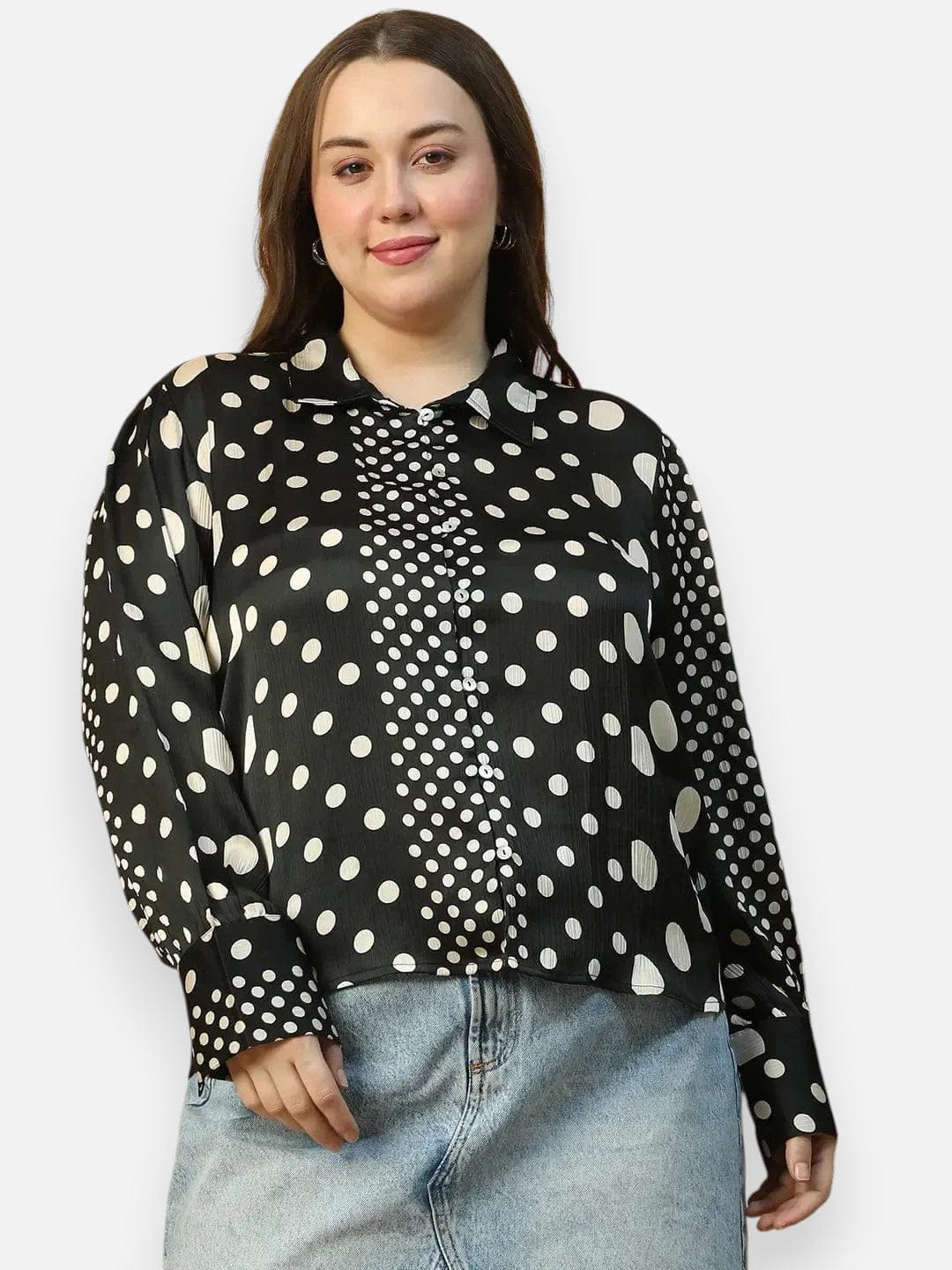 glided-black-polka-dot-print-button-down-collared-long-sleeve-plus-size-women-satin-shirt