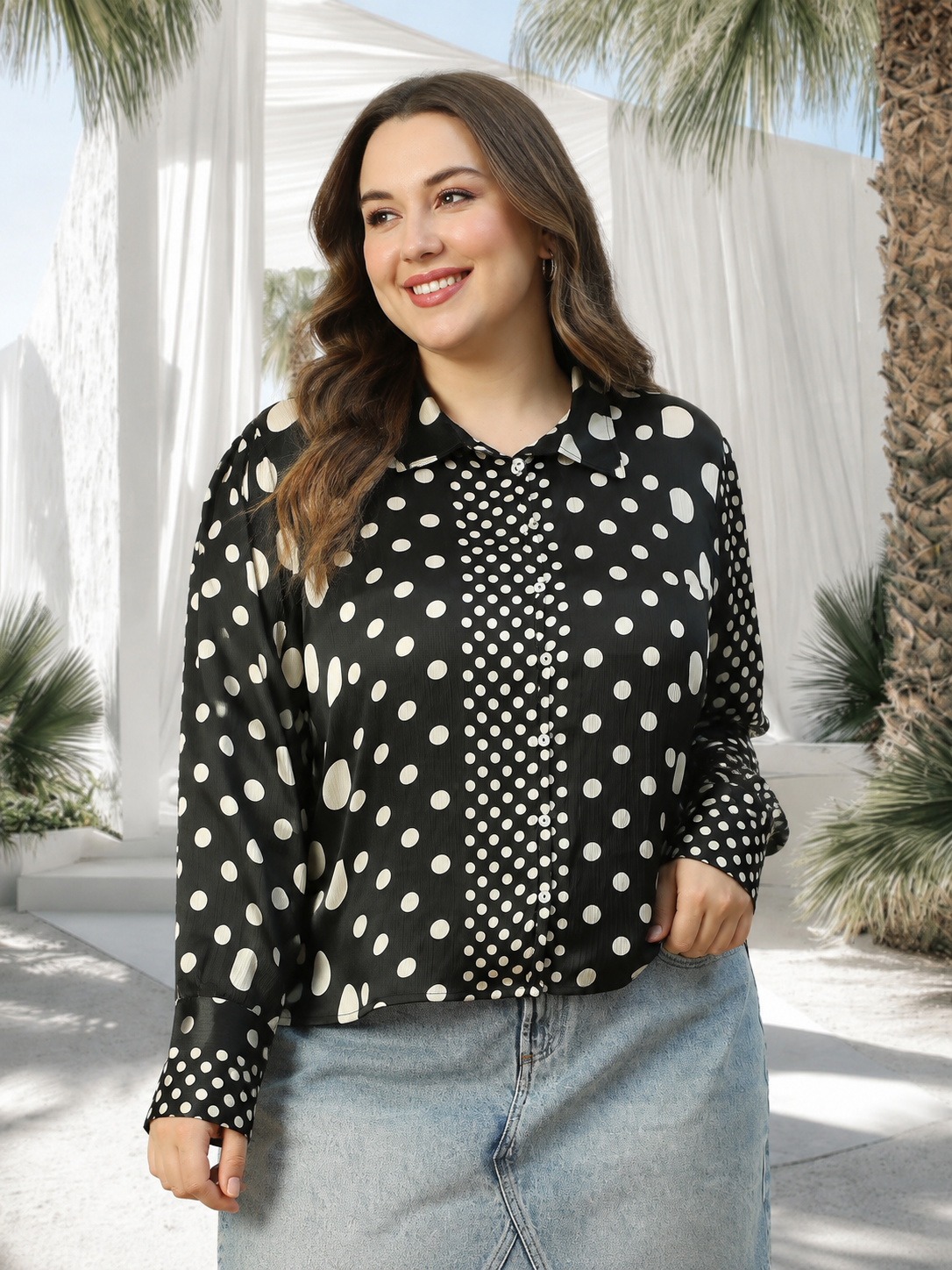 Plus Size Black Polka Dot Print Shirt
