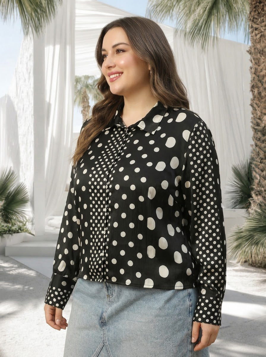 Plus Size Black Polka Dot Print Shirt