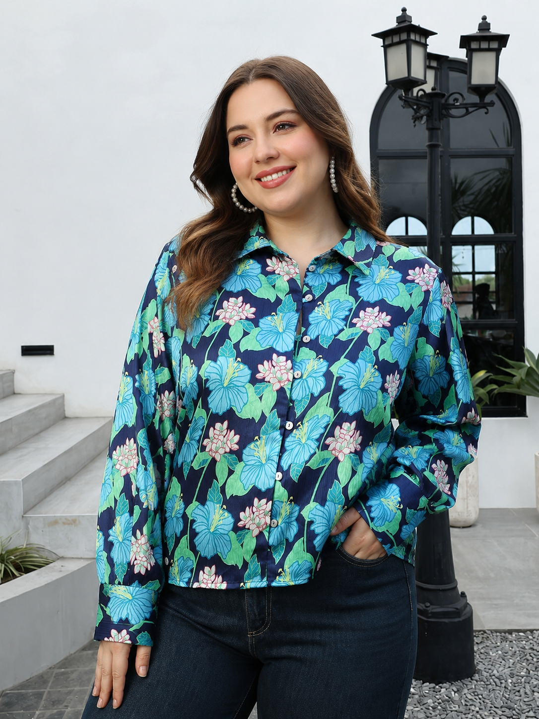 Plus Size Multicolor Floral Print Shirt