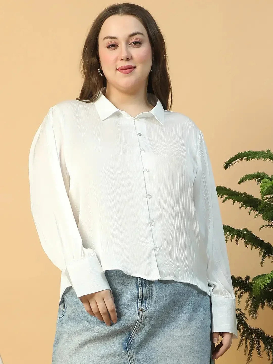 Finesse Solid White Button Down Collared Long Sleeve Plus Size Women Satin Shirt - oxolloxo