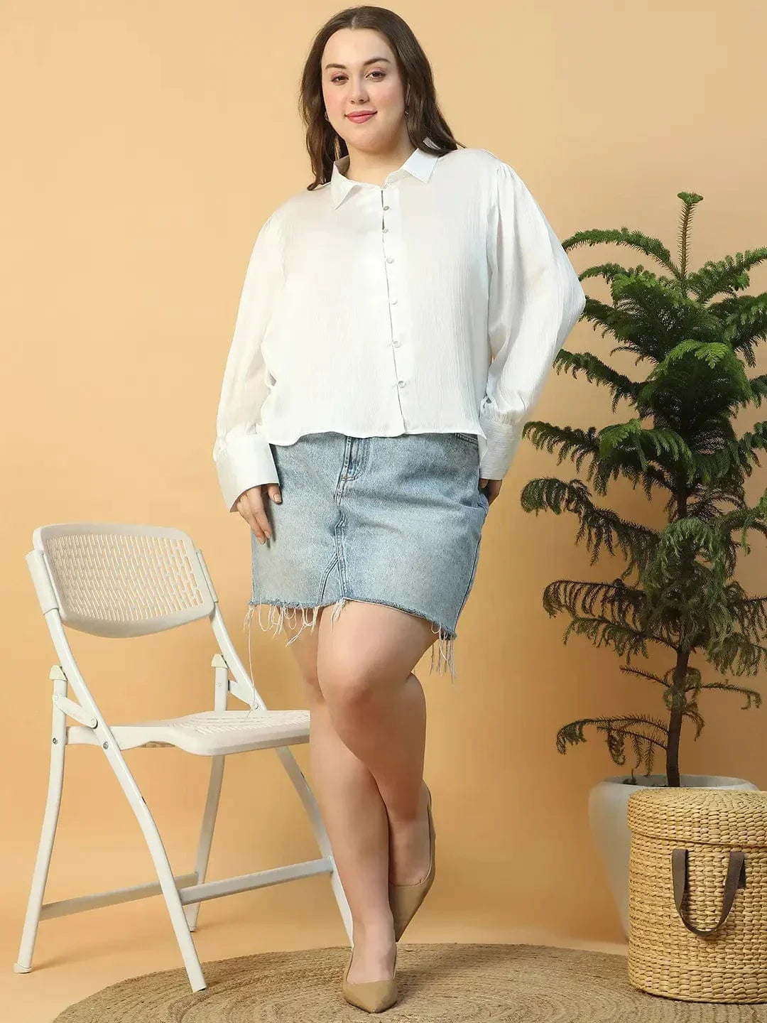 Finesse Solid White Button Down Collared Long Sleeve Plus Size Women Satin Shirt - oxolloxo