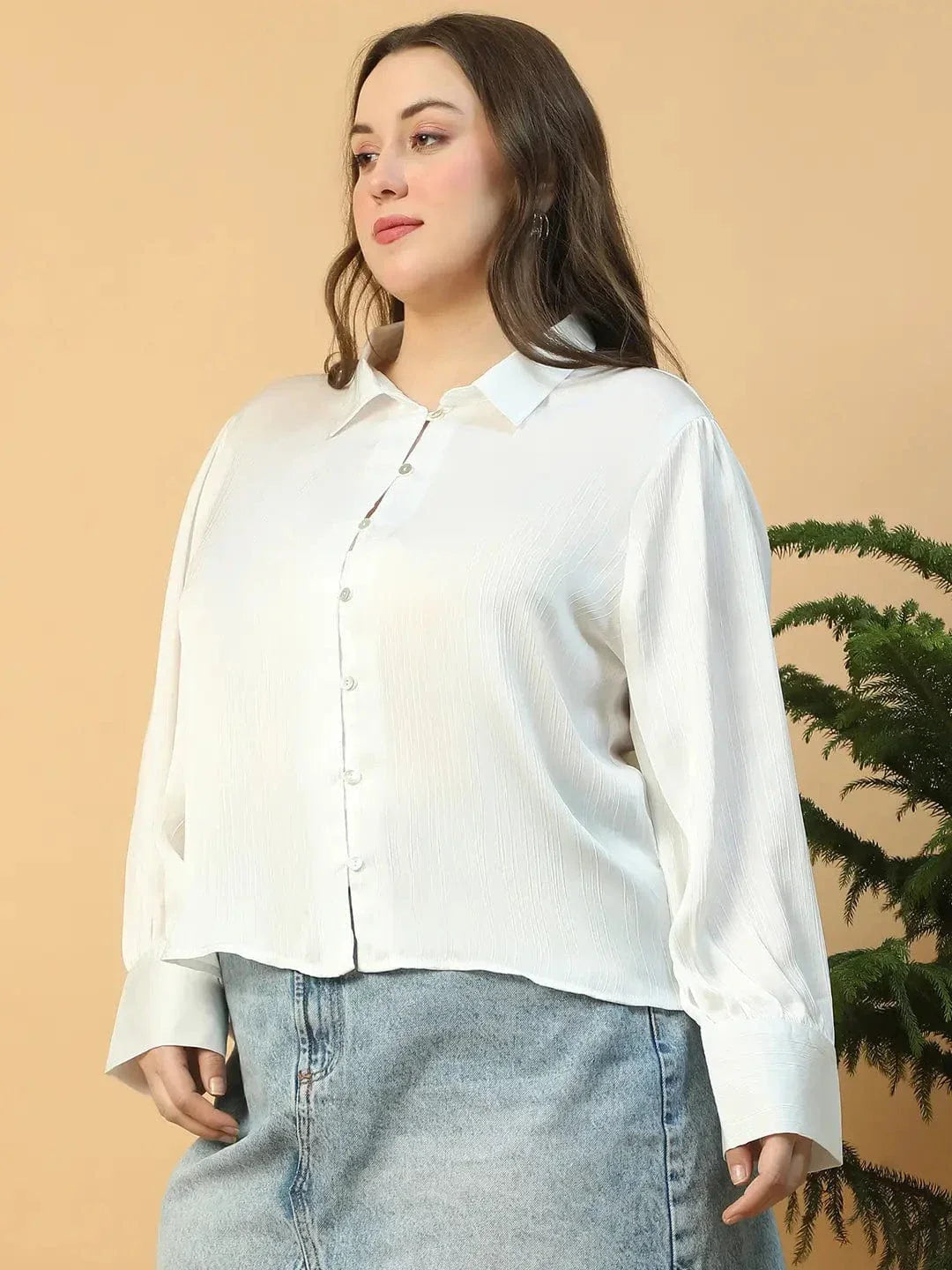 Finesse Solid White Button Down Collared Long Sleeve Plus Size Women Satin Shirt - oxolloxo