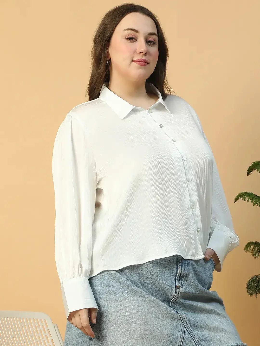 Finesse Solid White Button Down Collared Long Sleeve Plus Size Women Satin Shirt - oxolloxo
