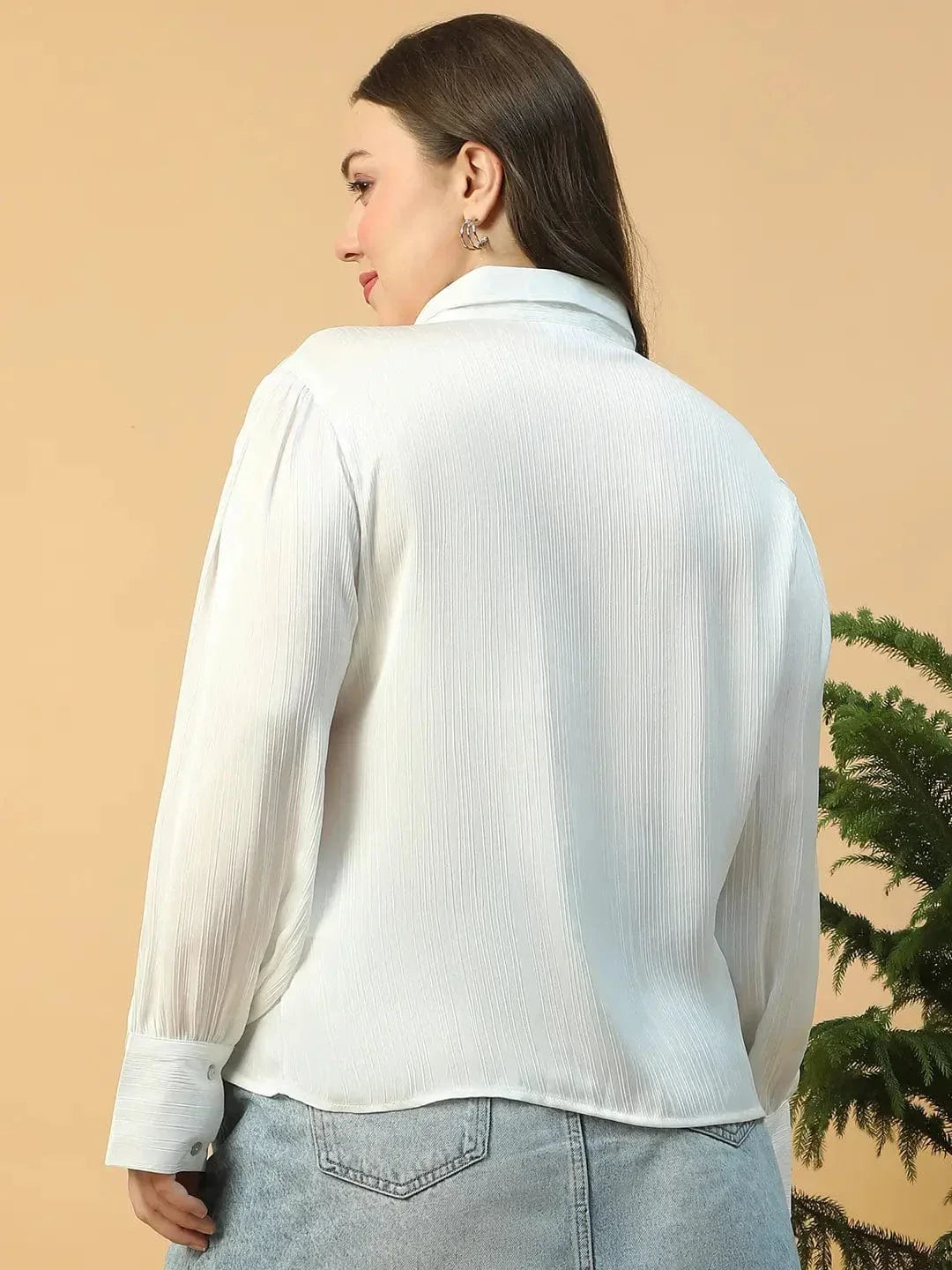 Finesse Solid White Button Down Collared Long Sleeve Plus Size Women Satin Shirt - oxolloxo