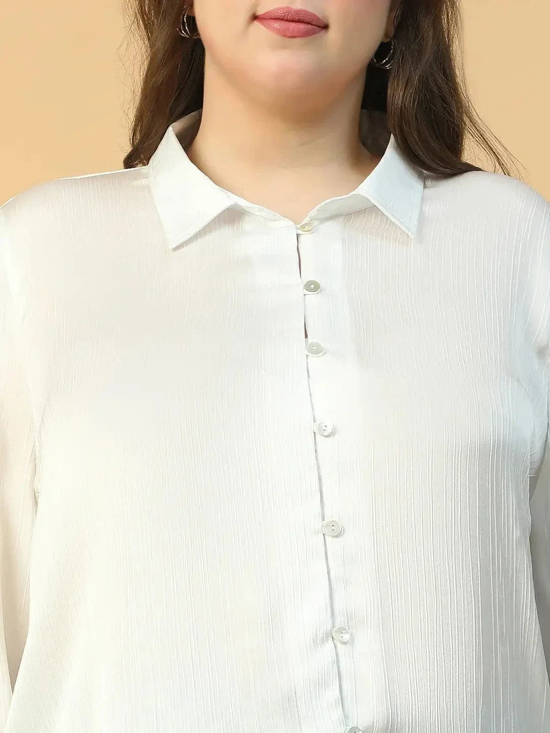 Finesse Solid White Button Down Collared Long Sleeve Plus Size Women Satin Shirt - oxolloxo