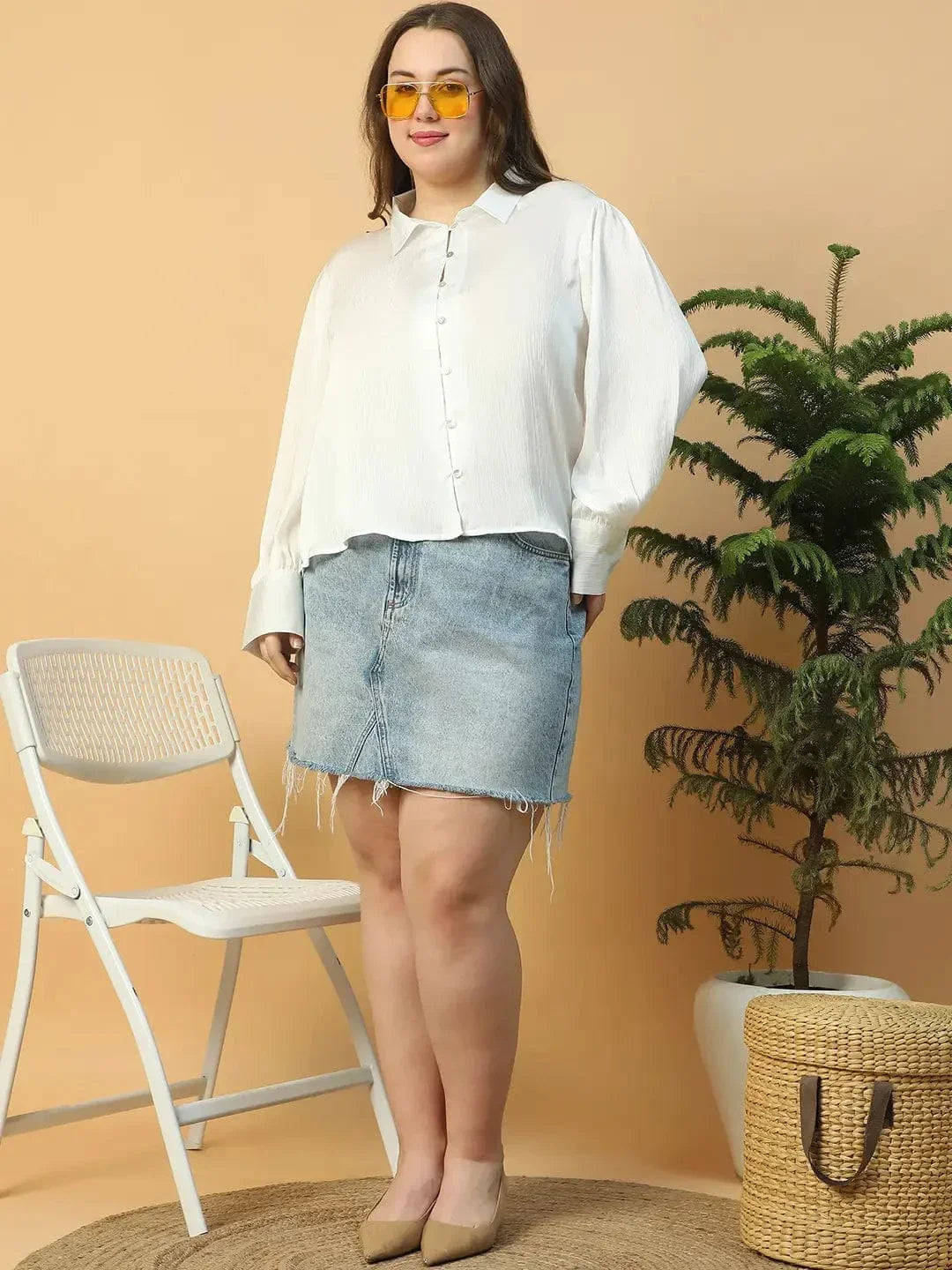 Finesse Solid White Button Down Collared Long Sleeve Plus Size Women Satin Shirt - oxolloxo