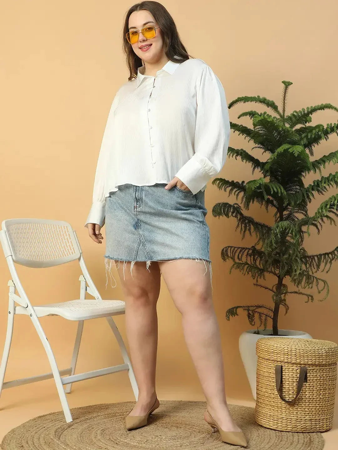 Finesse Solid White Button Down Collared Long Sleeve Plus Size Women Satin Shirt - oxolloxo