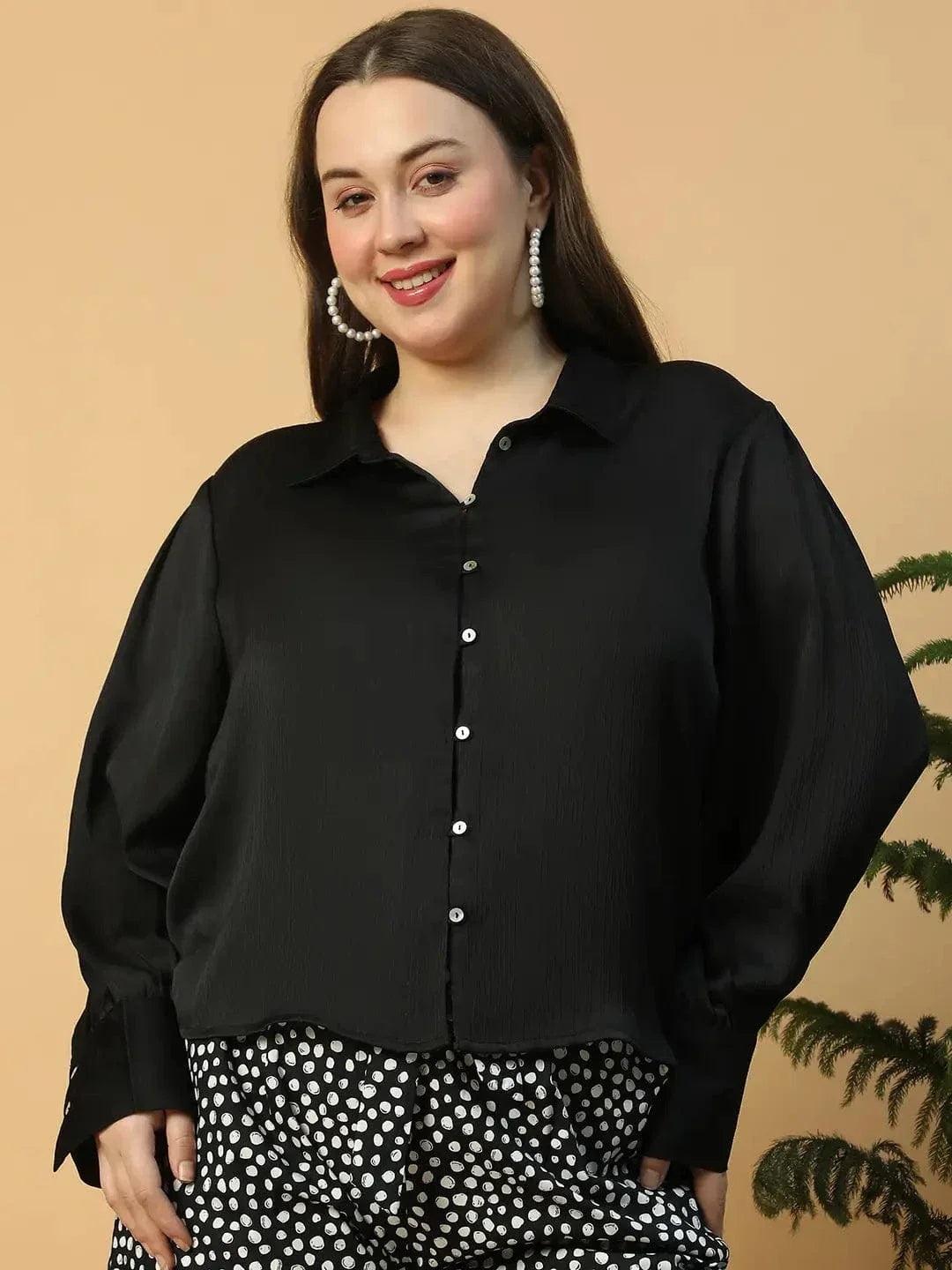 Vivid Solid Black Button Down Collared Long Sleeve Plus Size Women Satin Shirt - oxolloxo