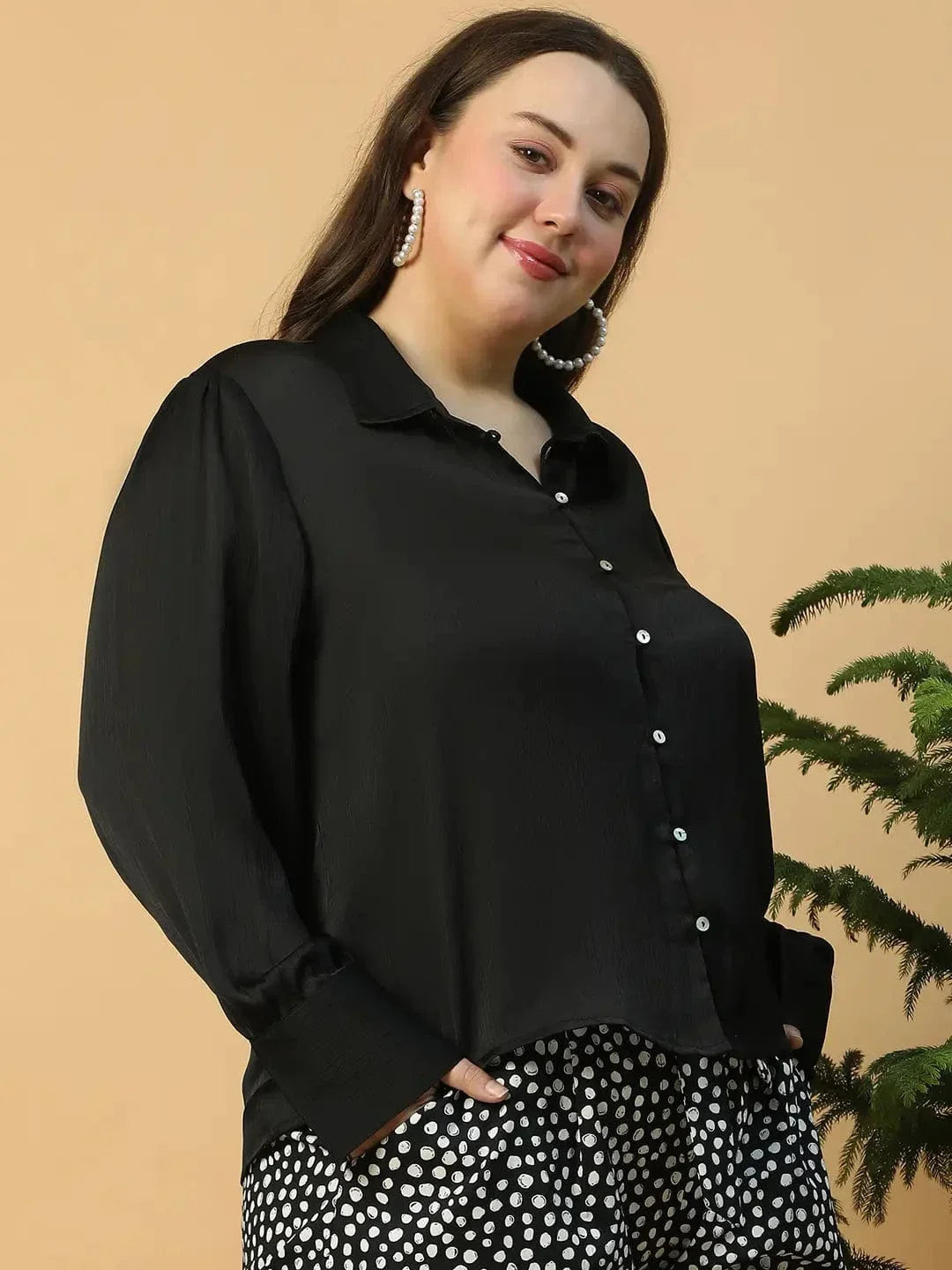 Vivid Solid Black Button Down Collared Long Sleeve Plus Size Women Satin Shirt - oxolloxo
