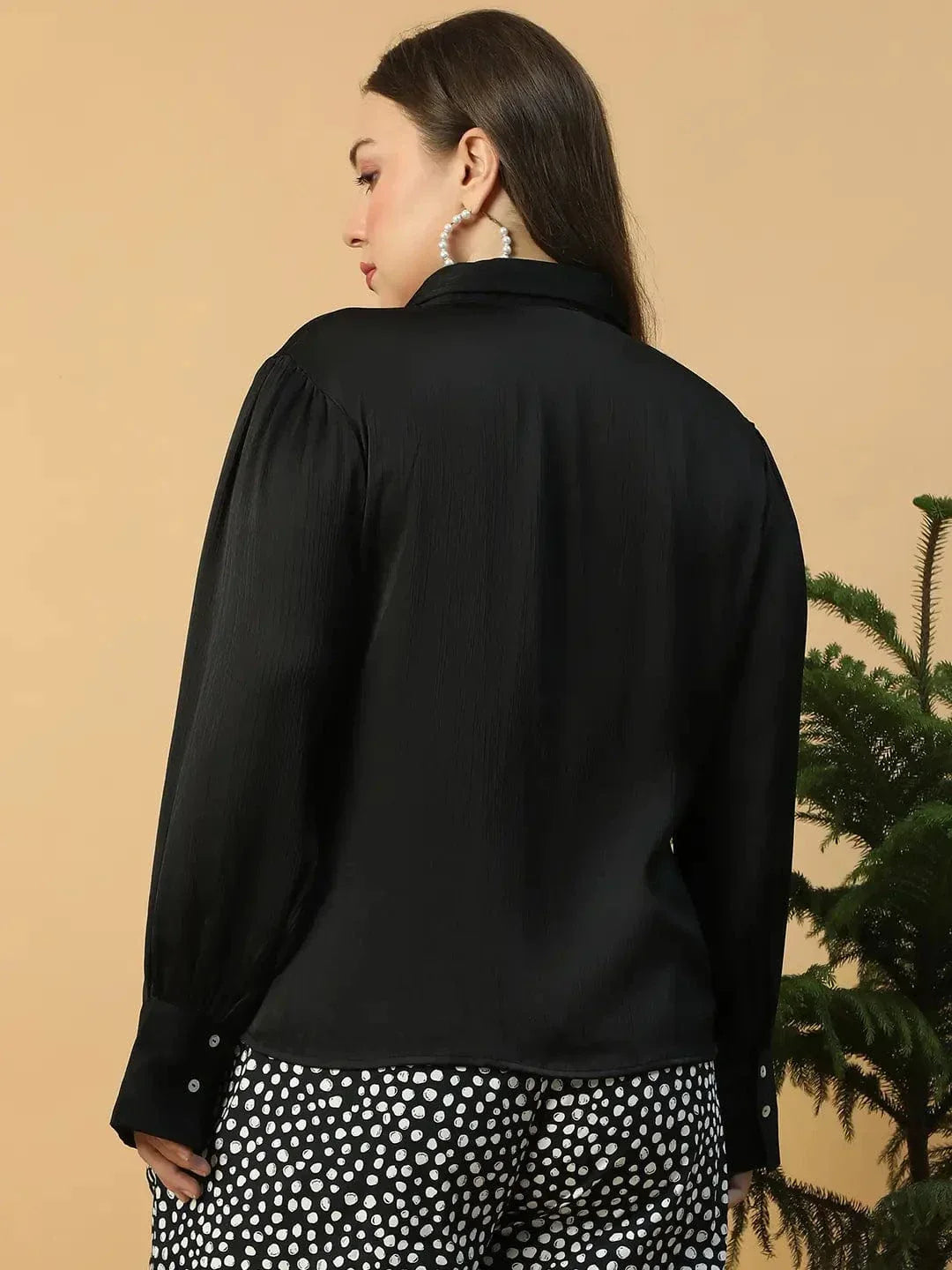 Vivid Solid Black Button Down Collared Long Sleeve Plus Size Women Satin Shirt - oxolloxo