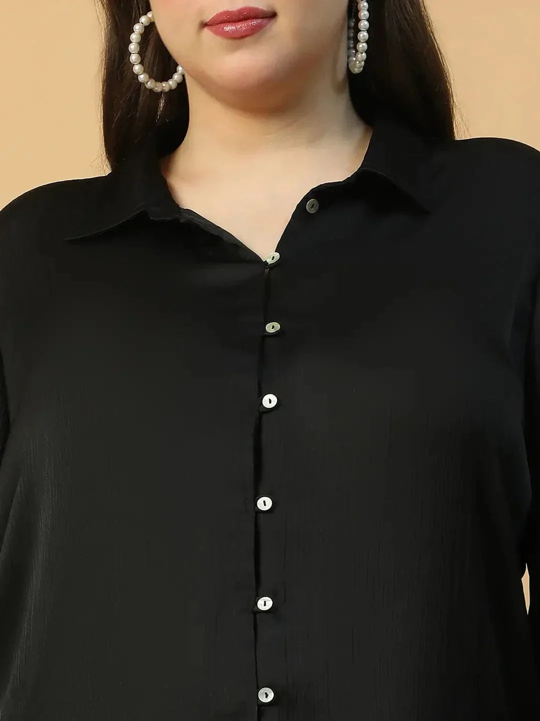 Vivid Solid Black Button Down Collared Long Sleeve Plus Size Women Satin Shirt - oxolloxo