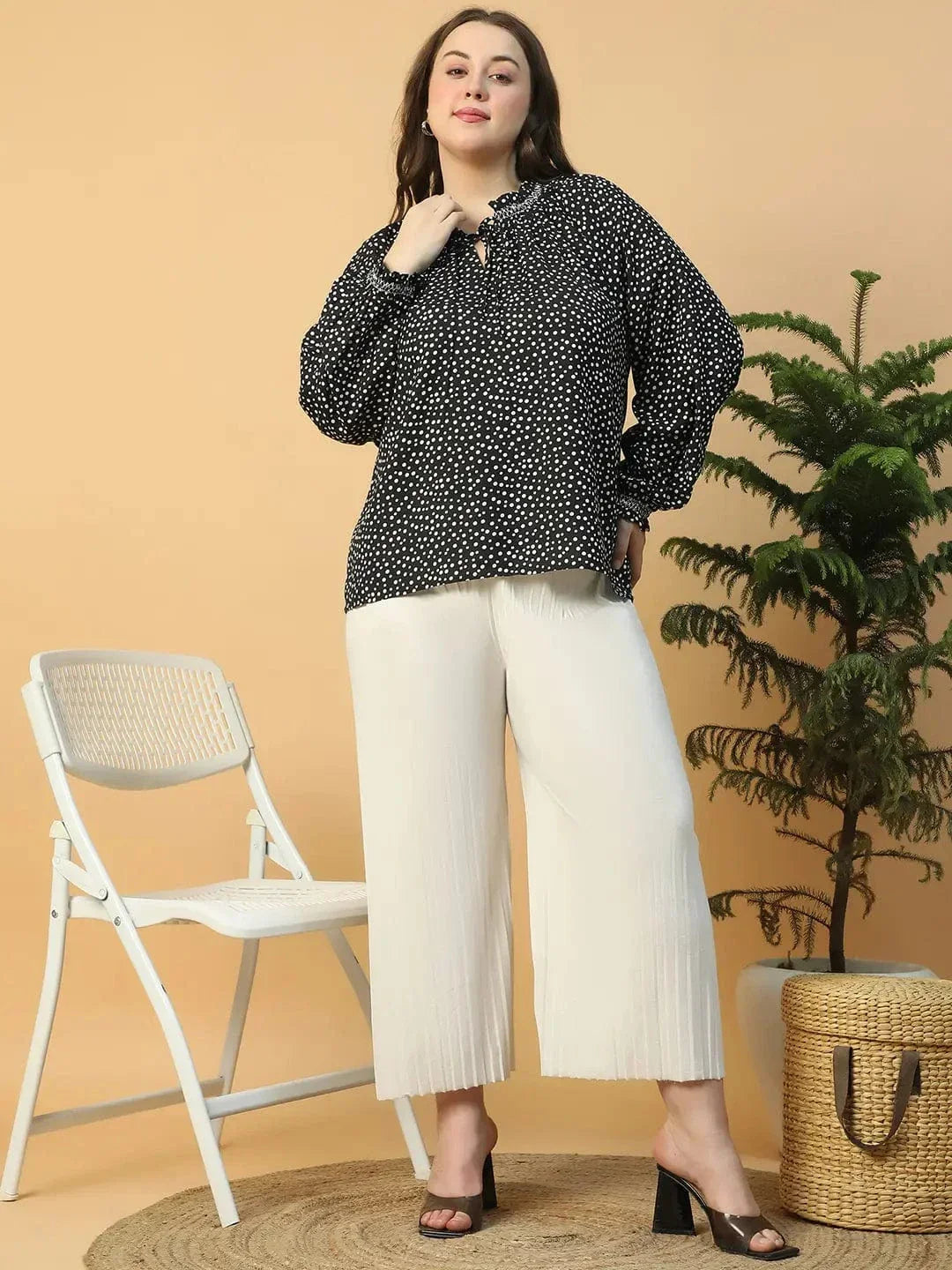 Sublime Black Printed Long Sleeve Smocking Detail Plus Size Women Top - oxolloxo