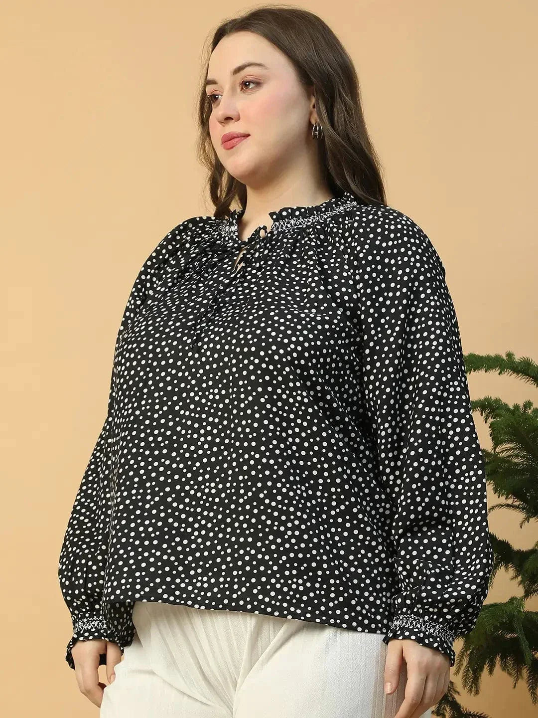 Sublime Black Printed Long Sleeve Smocking Detail Plus Size Women Top - oxolloxo
