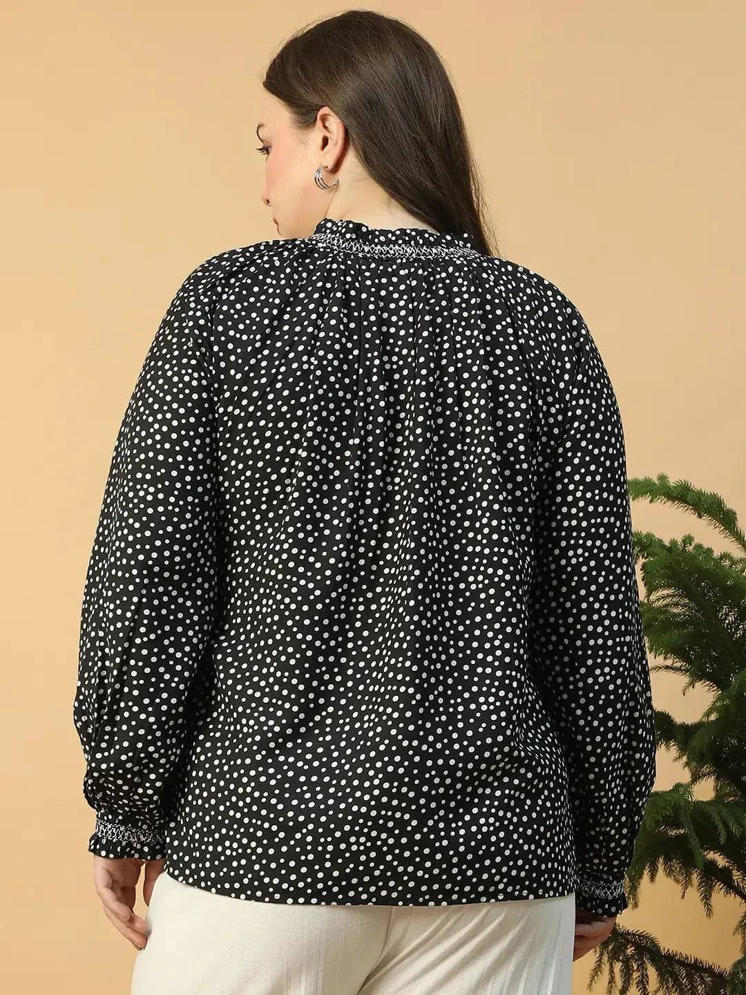 Sublime Black Printed Long Sleeve Smocking Detail Plus Size Women Top - oxolloxo