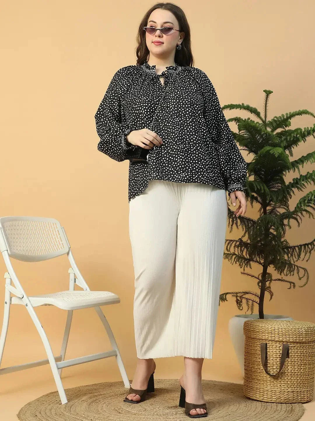 Sublime Black Printed Long Sleeve Smocking Detail Plus Size Women Top - oxolloxo