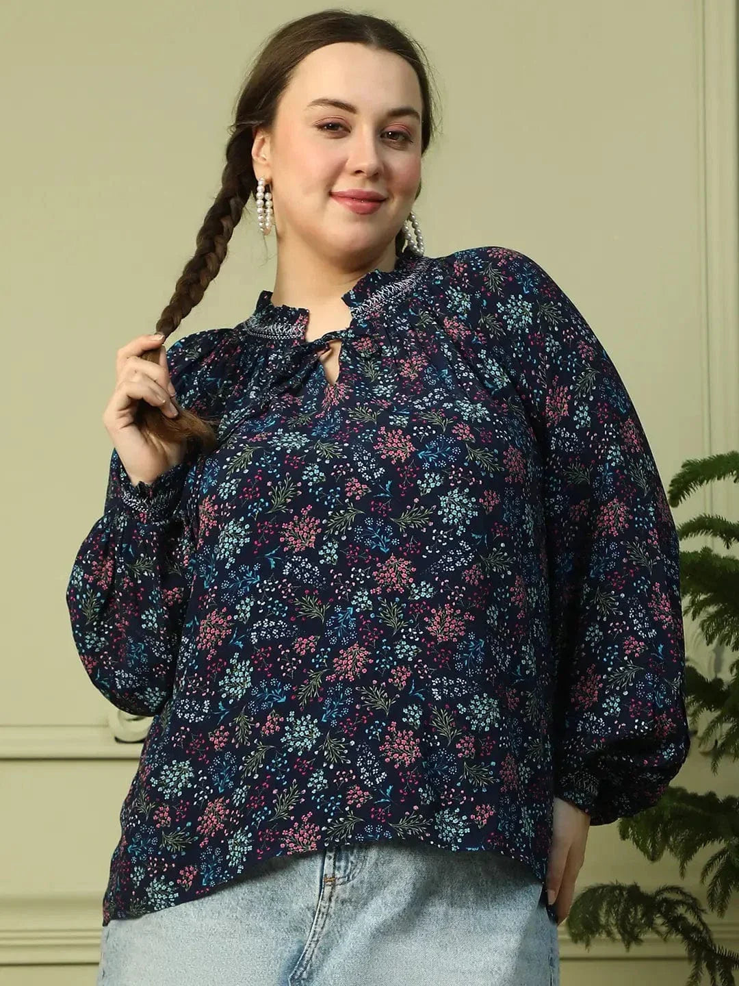 Eclat Navy Blue Floral Print Long Sleeve Smocking Detail Plus Size Women Top - oxolloxo