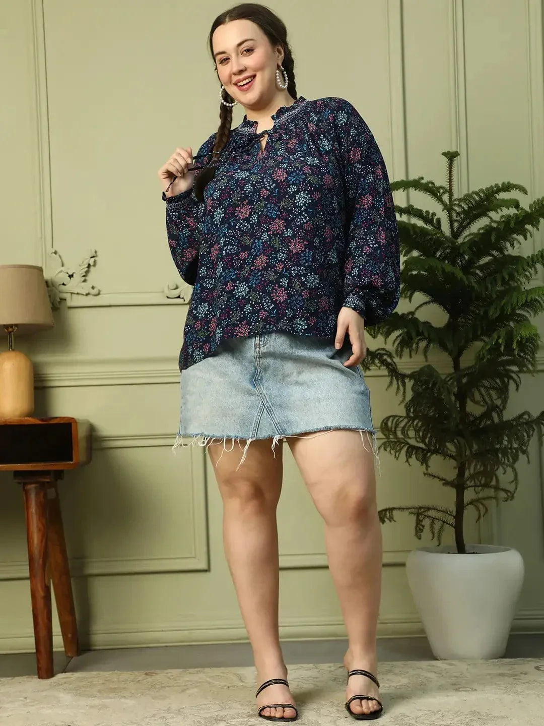 Eclat Navy Blue Floral Print Long Sleeve Smocking Detail Plus Size Women Top - oxolloxo