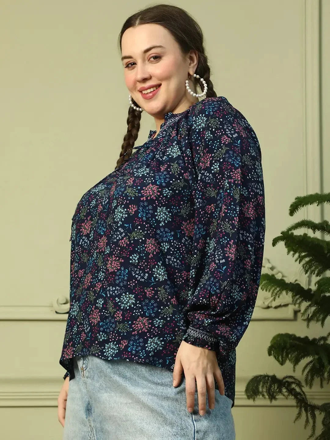 Eclat Navy Blue Floral Print Long Sleeve Smocking Detail Plus Size Women Top - oxolloxo