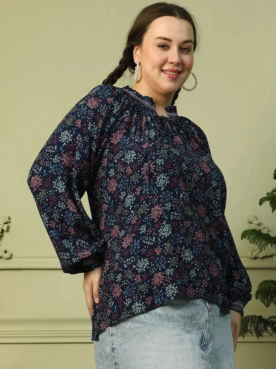 Eclat Navy Blue Floral Print Long Sleeve Smocking Detail Plus Size Women Top - oxolloxo