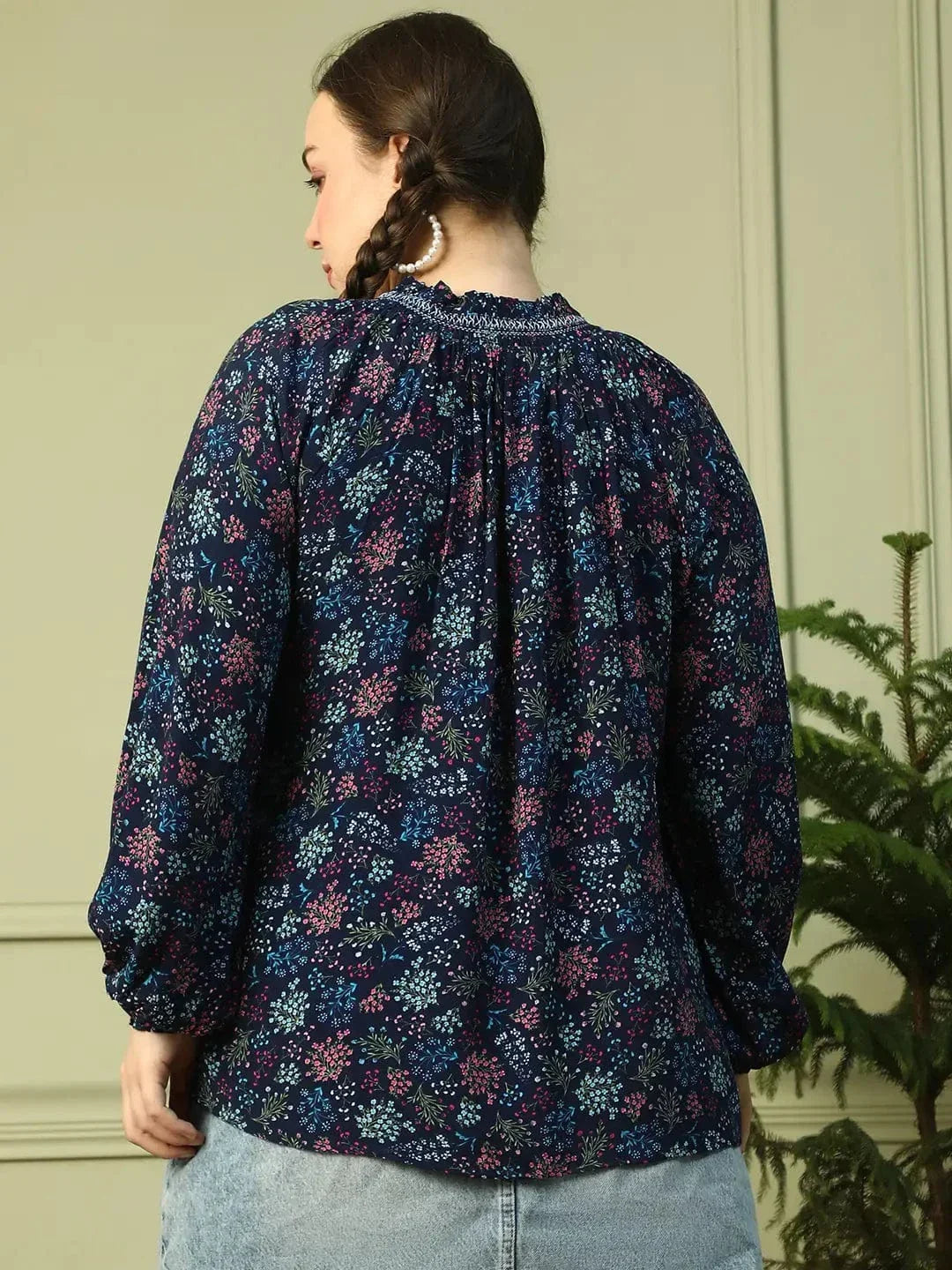 Eclat Navy Blue Floral Print Long Sleeve Smocking Detail Plus Size Women Top - oxolloxo