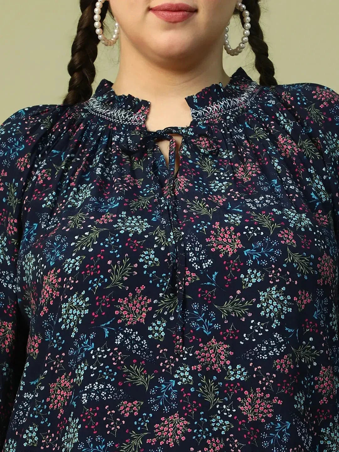 Eclat Navy Blue Floral Print Long Sleeve Smocking Detail Plus Size Women Top - oxolloxo