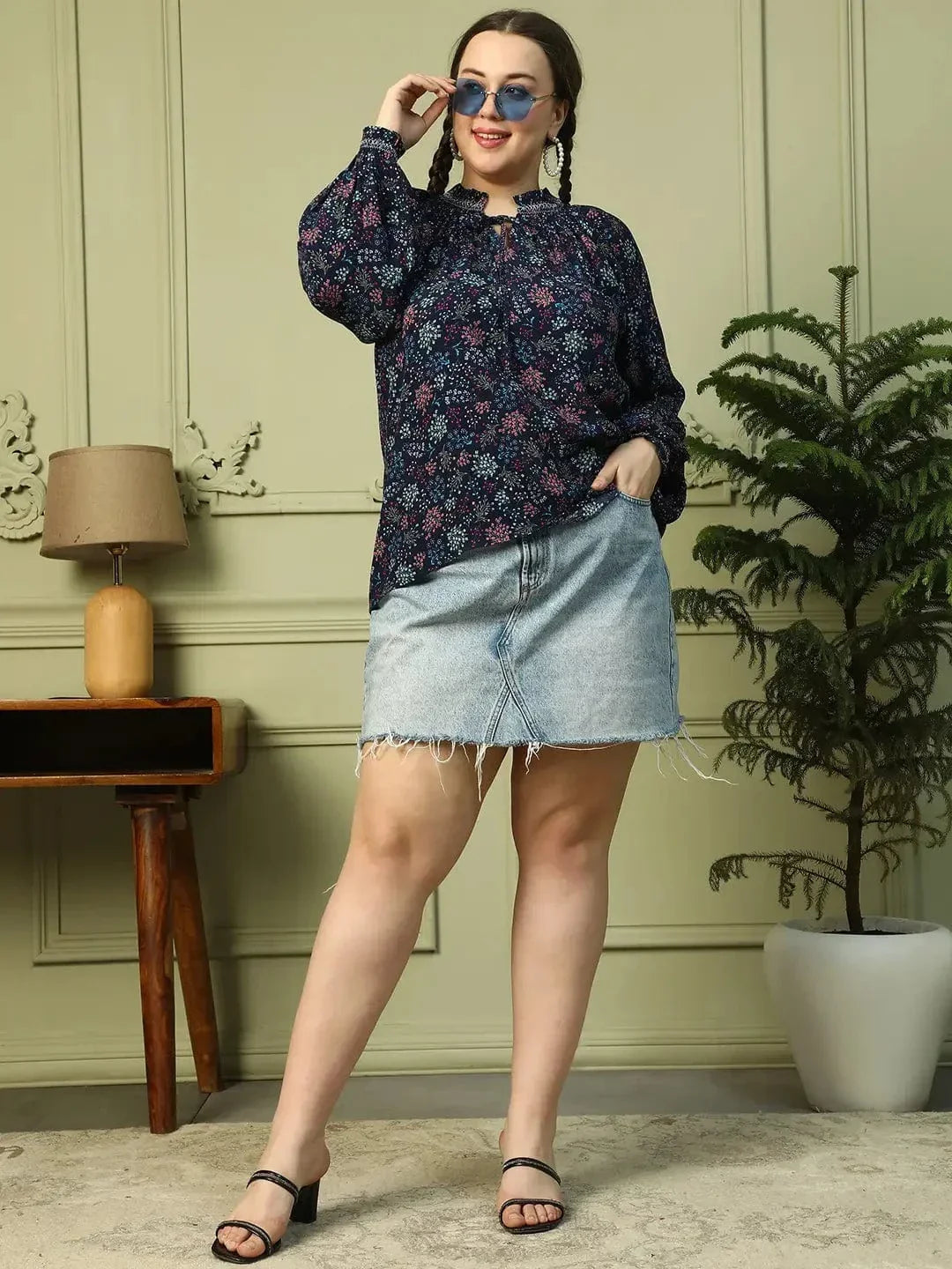 Eclat Navy Blue Floral Print Long Sleeve Smocking Detail Plus Size Women Top - oxolloxo