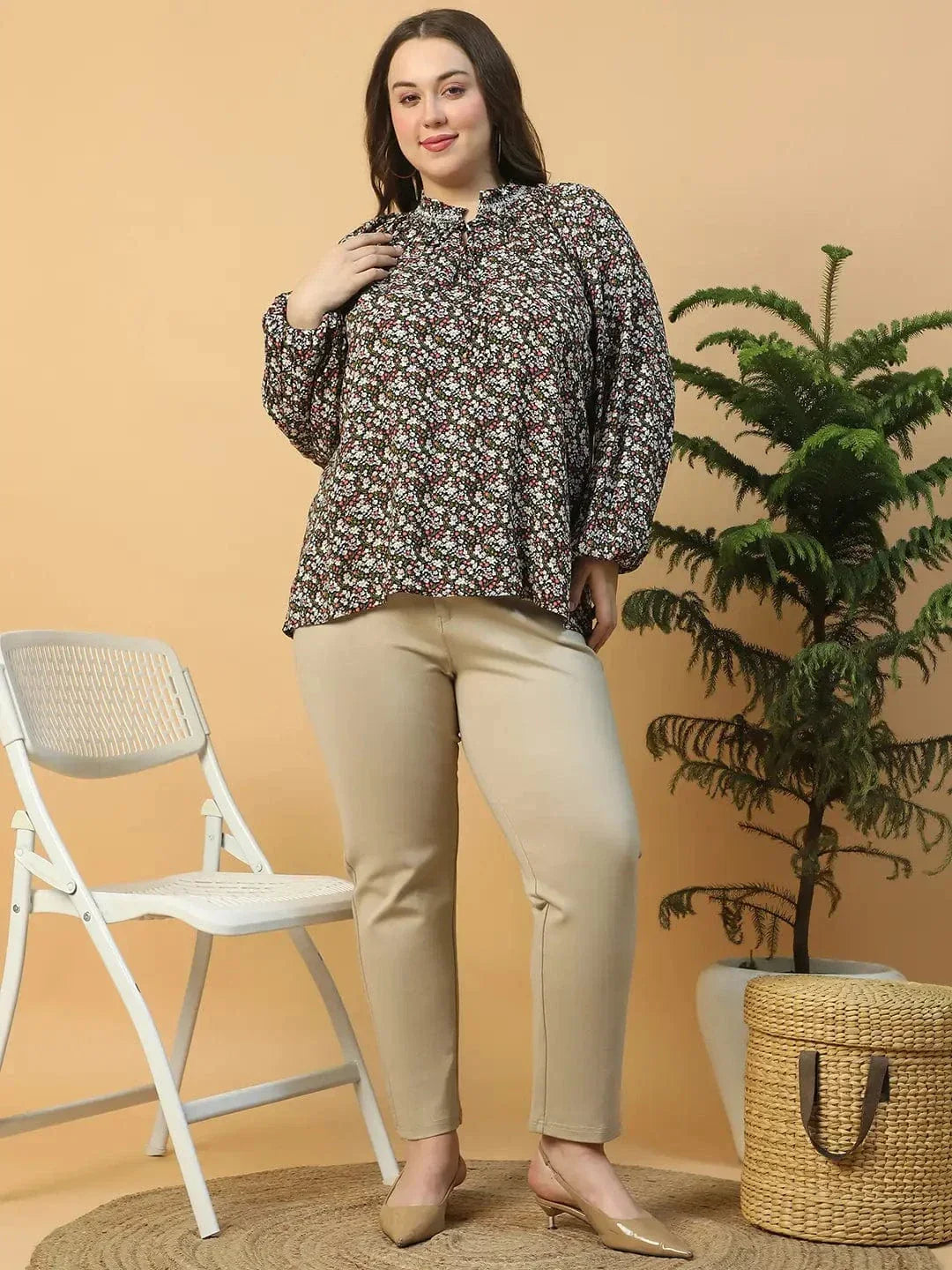 Multicolor Floral Print Long Sleeve Smocking Detail Plus Size Women Top - oxolloxo