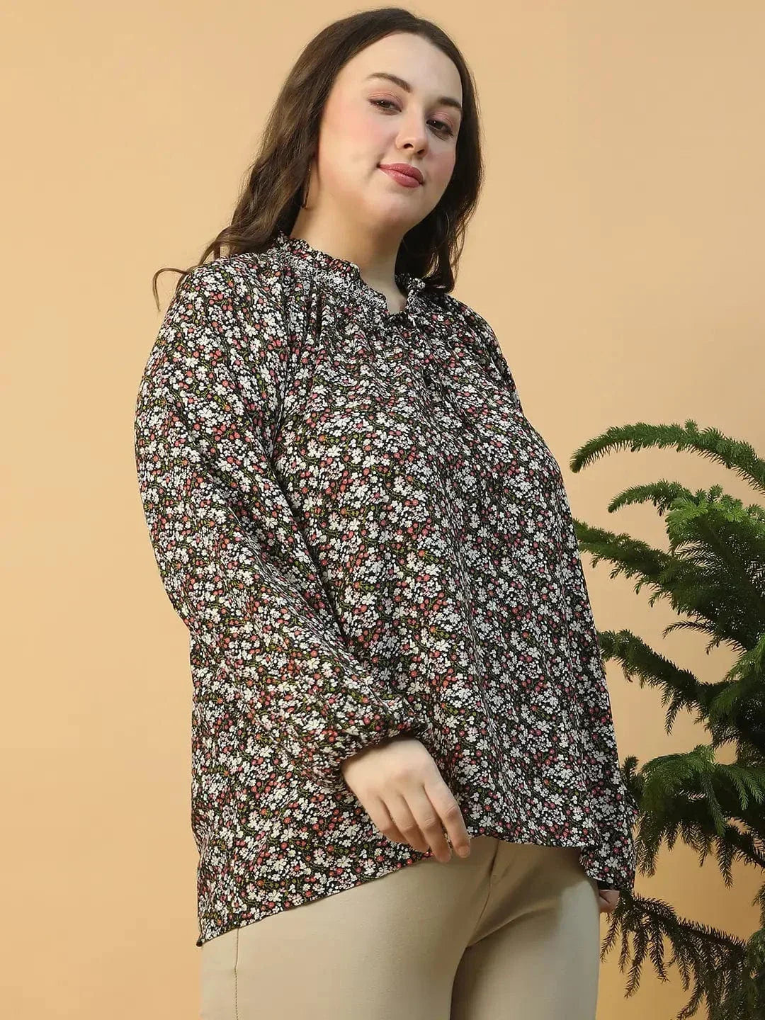 Multicolor Floral Print Long Sleeve Smocking Detail Plus Size Women Top - oxolloxo