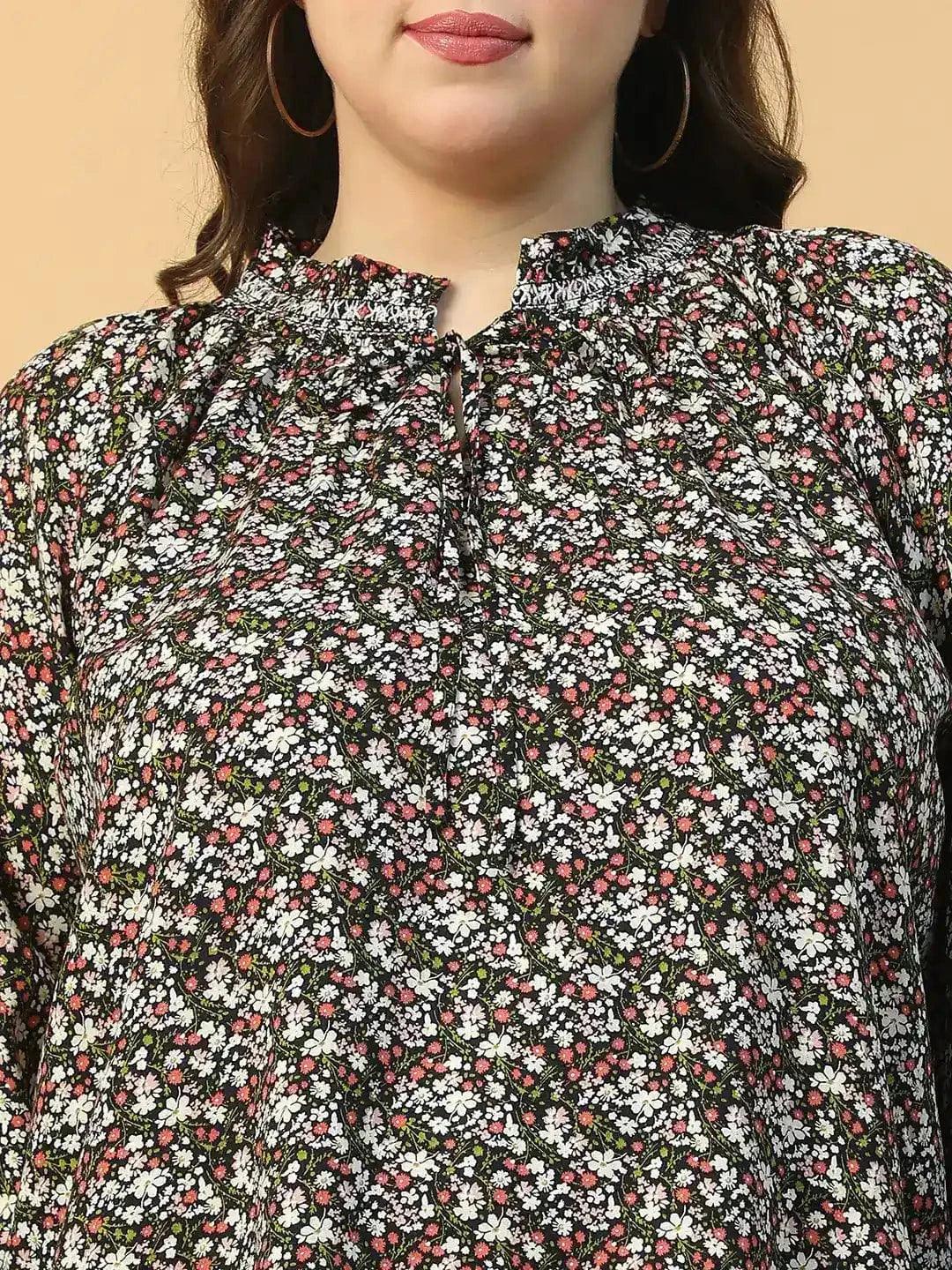 Multicolor Floral Print Long Sleeve Smocking Detail Plus Size Women Top - oxolloxo