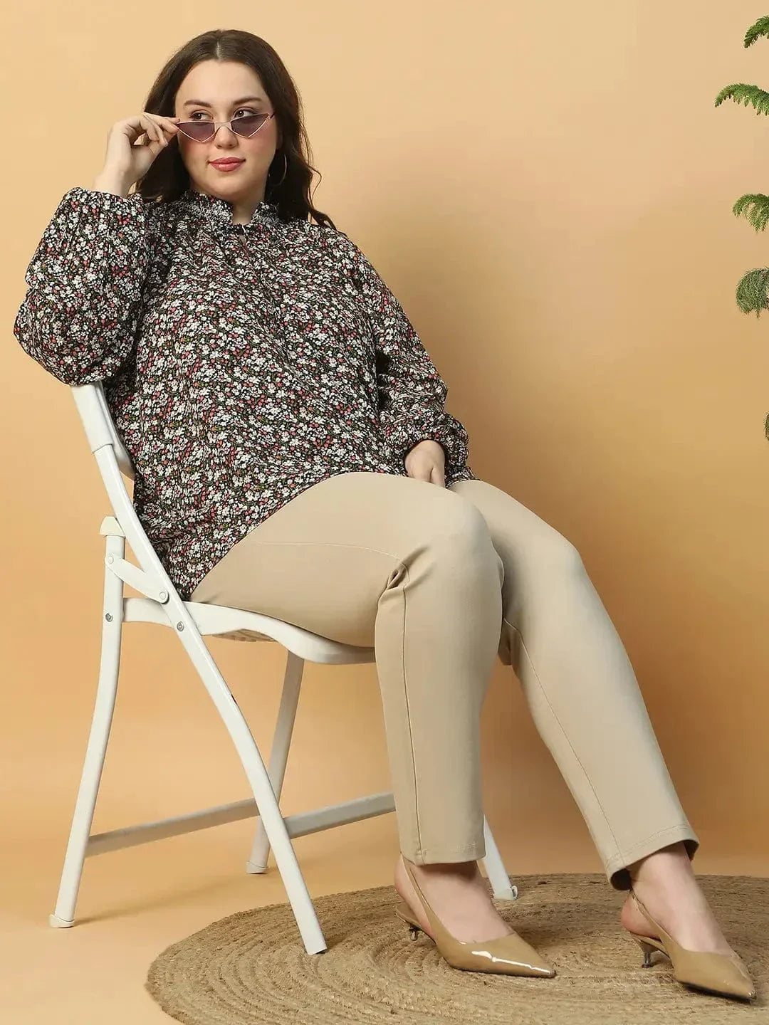 Multicolor Floral Print Long Sleeve Smocking Detail Plus Size Women Top - oxolloxo