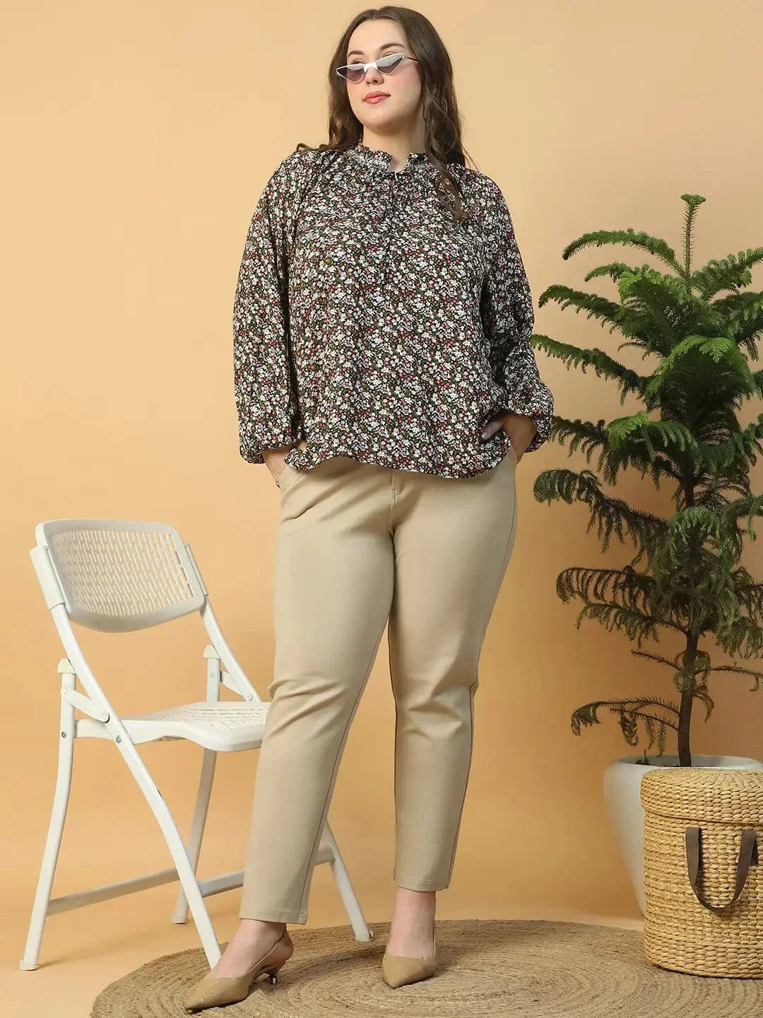 Multicolor Floral Print Long Sleeve Smocking Detail Plus Size Women Top - oxolloxo