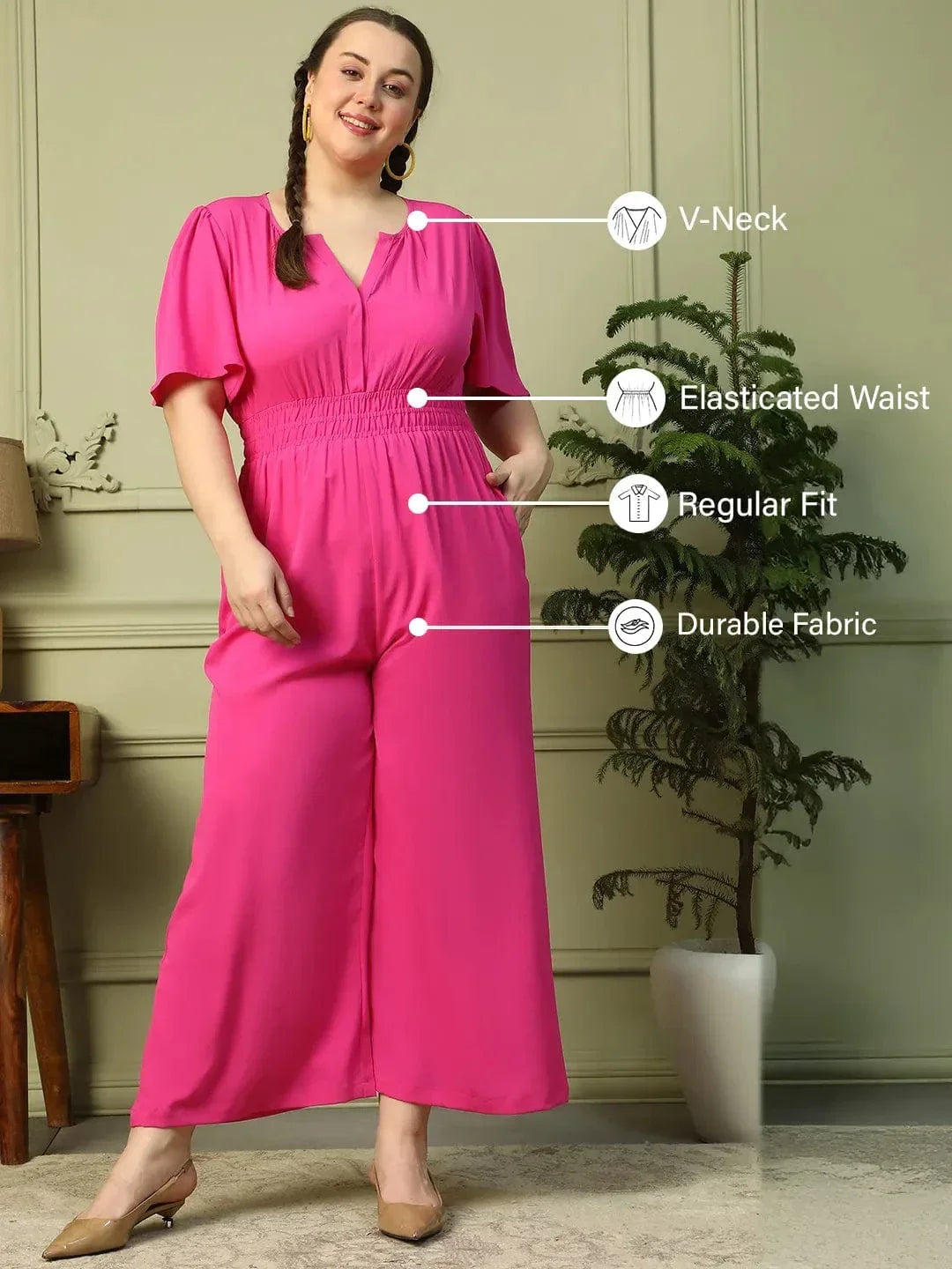 Solid Pink V-Neck Short Sleeve Elasticated Plus Size Women Jumpsuit - oxolloxo