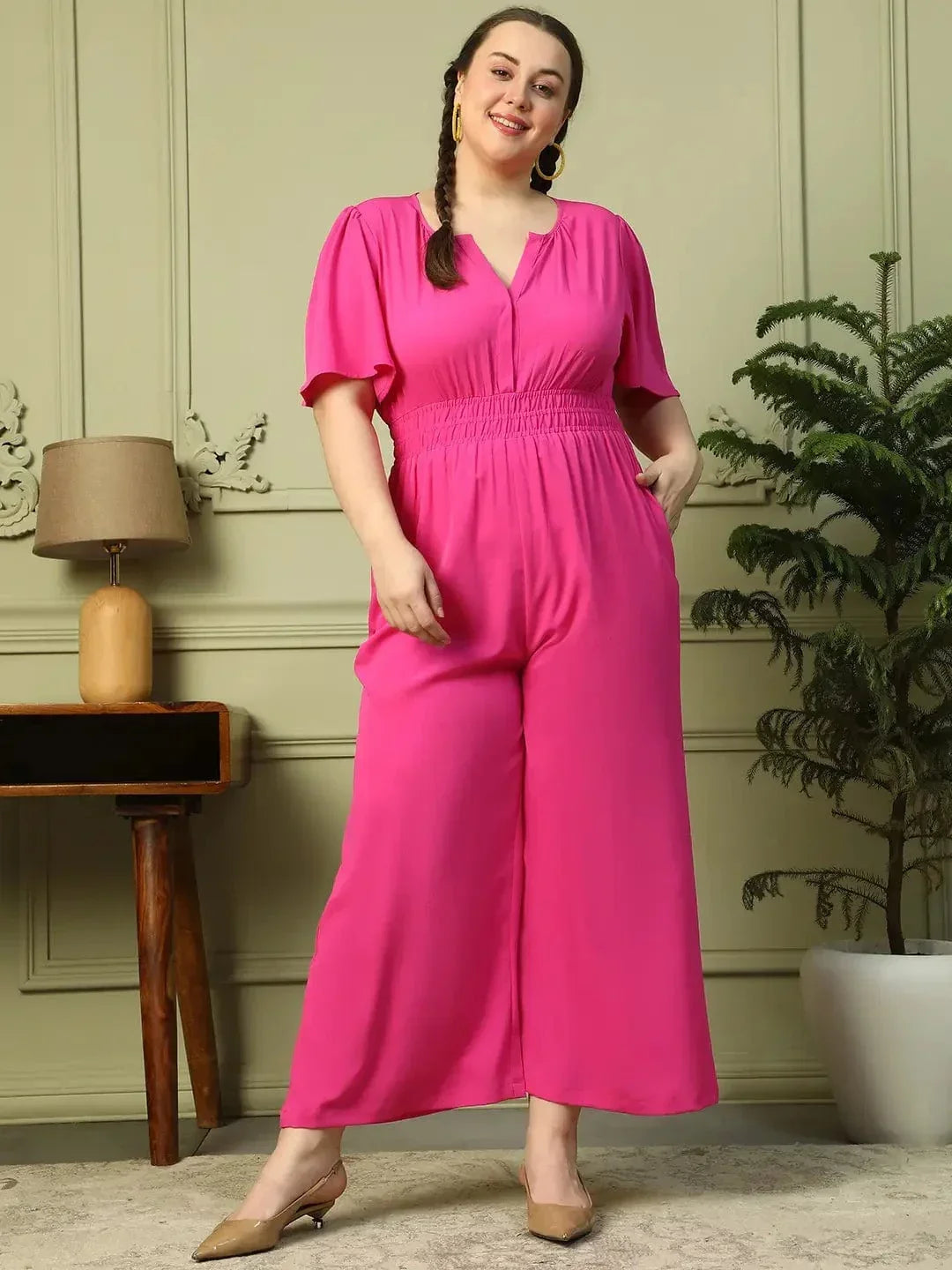 Solid Pink V-Neck Short Sleeve Elasticated Plus Size Women Jumpsuit - oxolloxo
