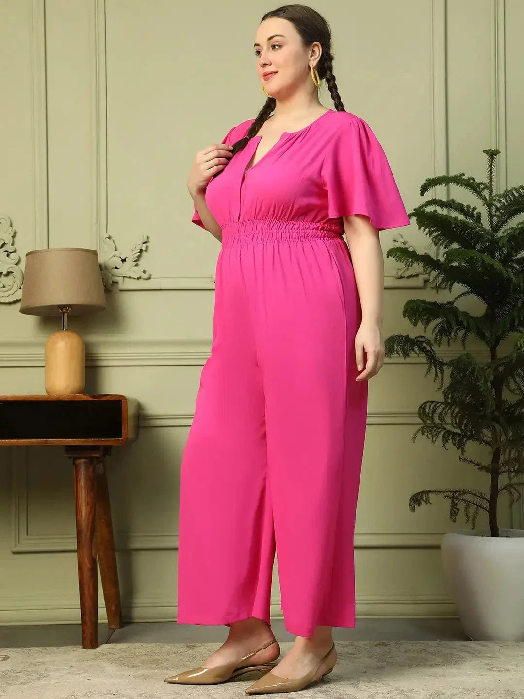 Solid Pink V-Neck Short Sleeve Elasticated Plus Size Women Jumpsuit - oxolloxo