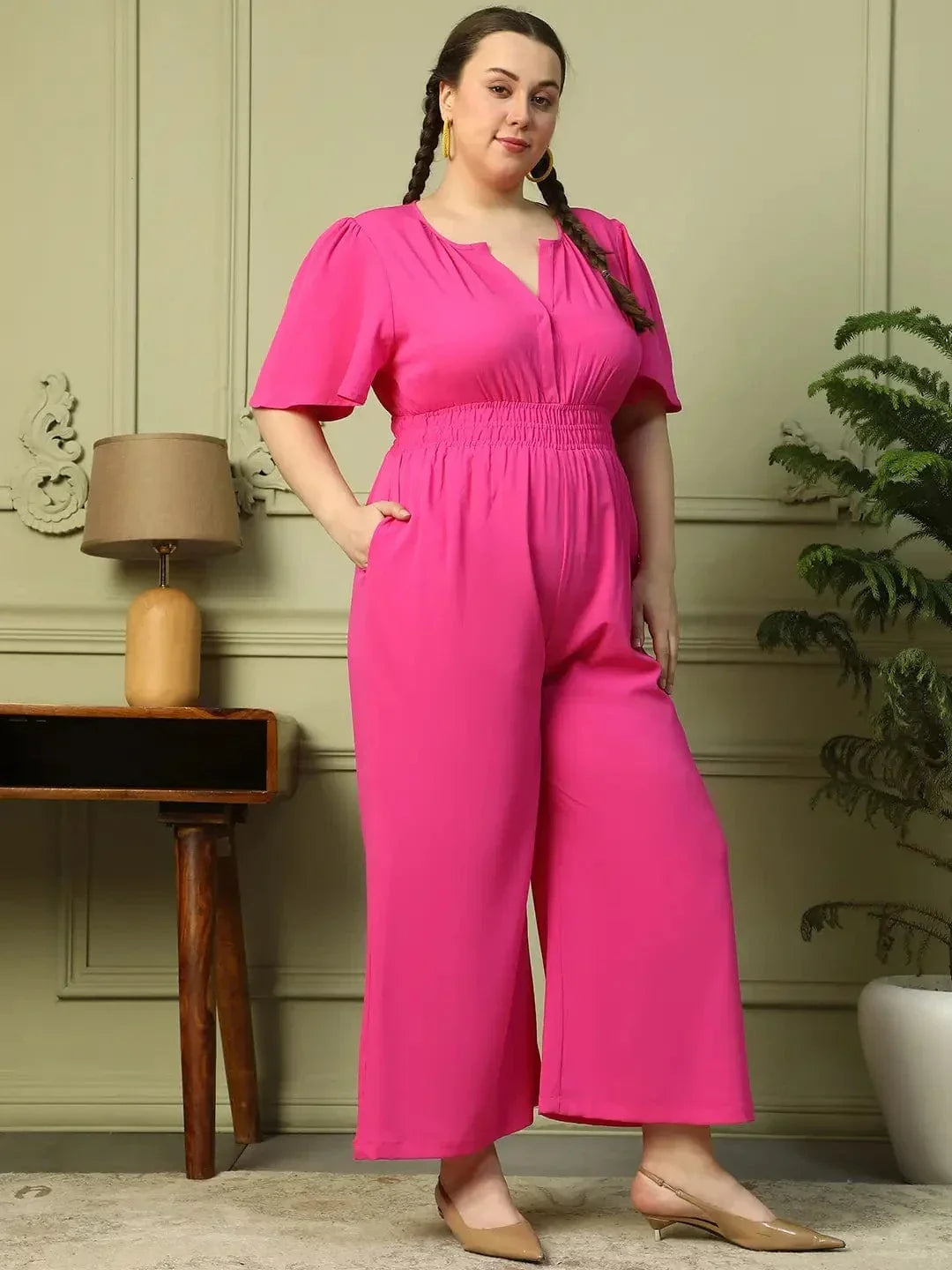 Solid Pink V-Neck Short Sleeve Elasticated Plus Size Women Jumpsuit - oxolloxo