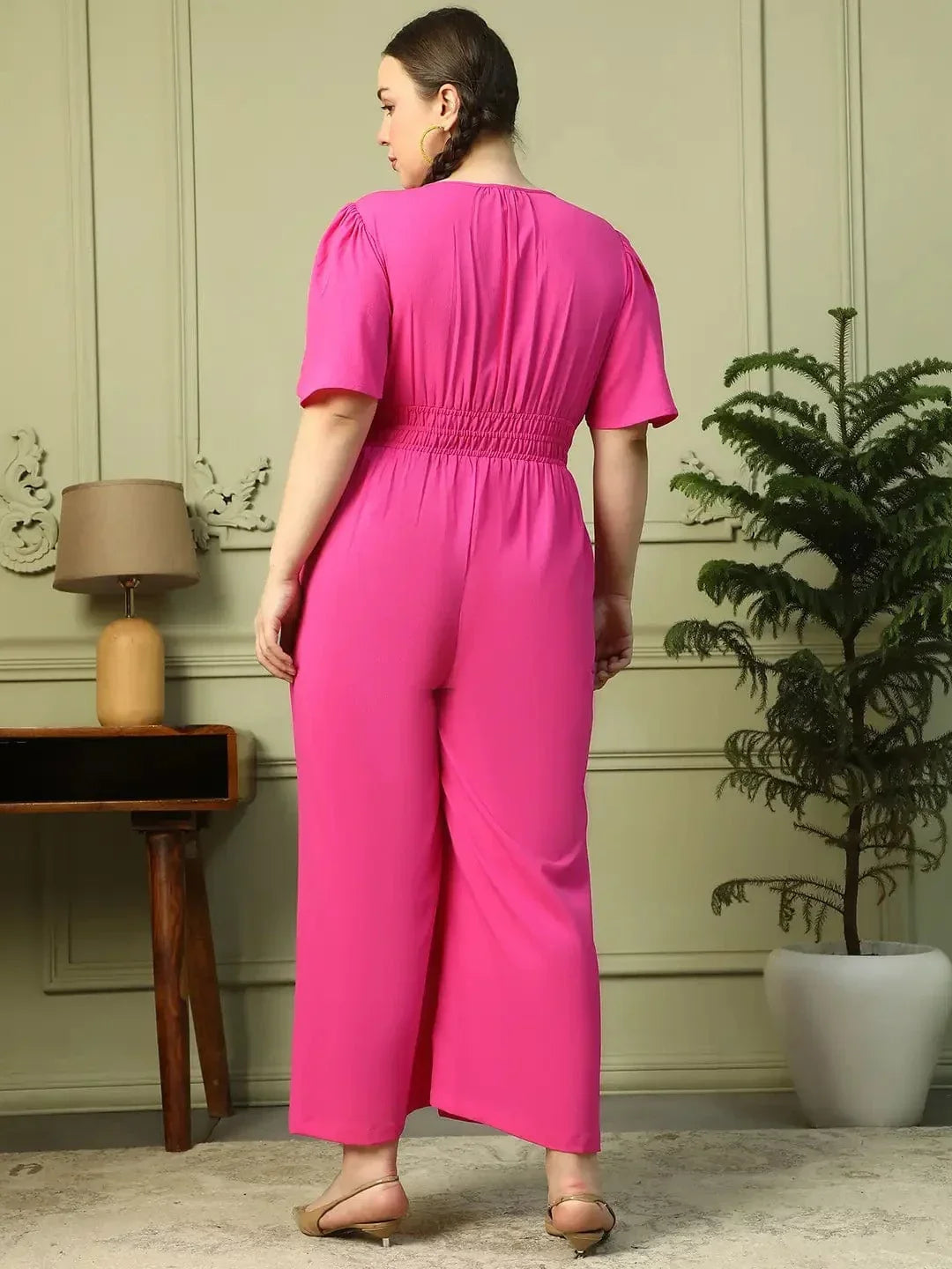 Solid Pink V-Neck Short Sleeve Elasticated Plus Size Women Jumpsuit - oxolloxo