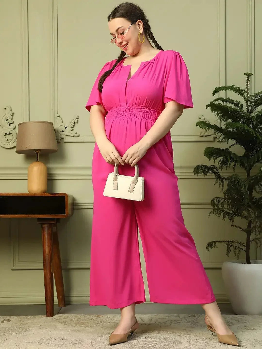 Solid Pink V-Neck Short Sleeve Elasticated Plus Size Women Jumpsuit - oxolloxo