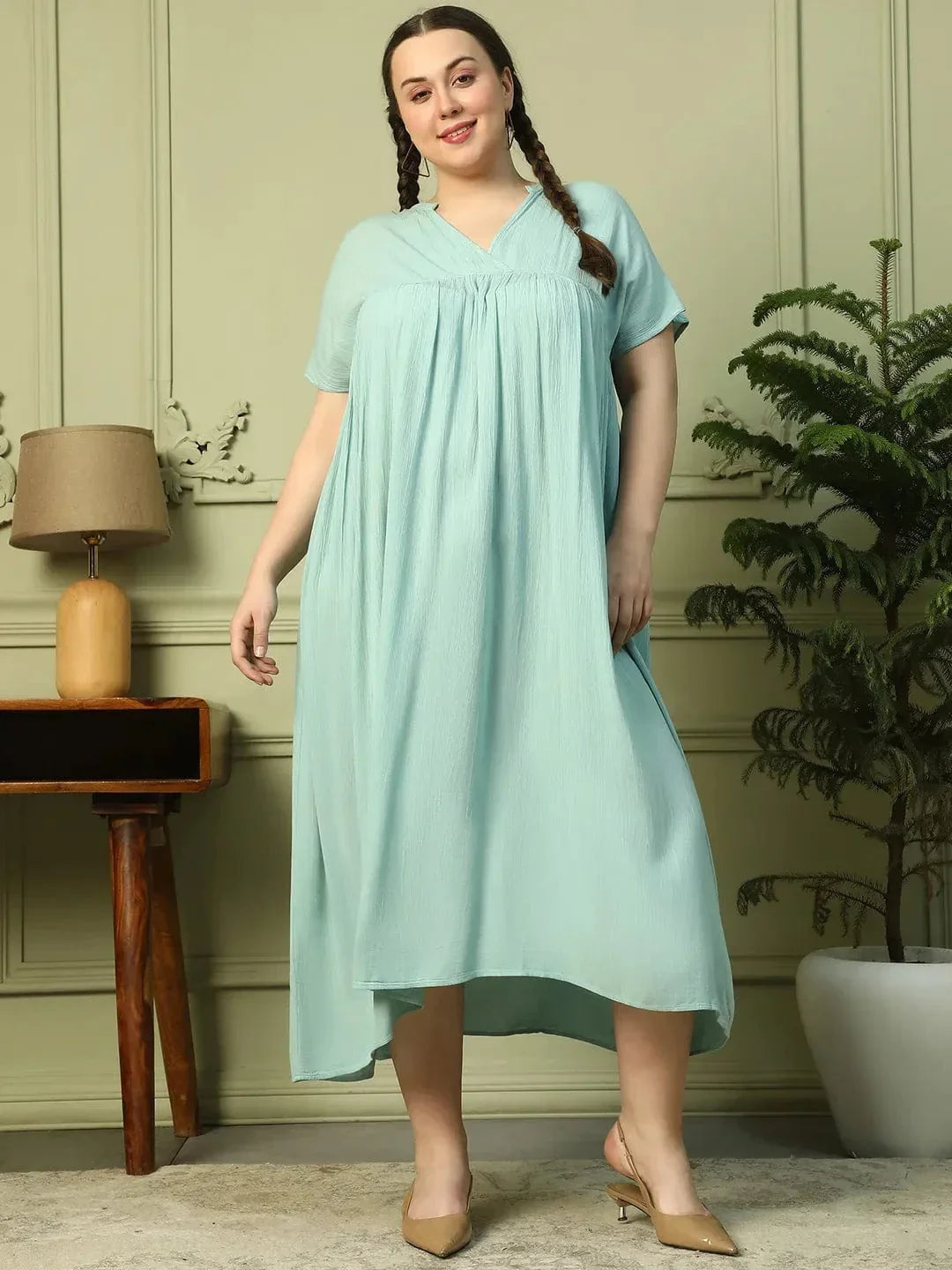 Light Green Short Sleeve Rayon Crepe Long Maxi Plus Size Women Dress - oxolloxo