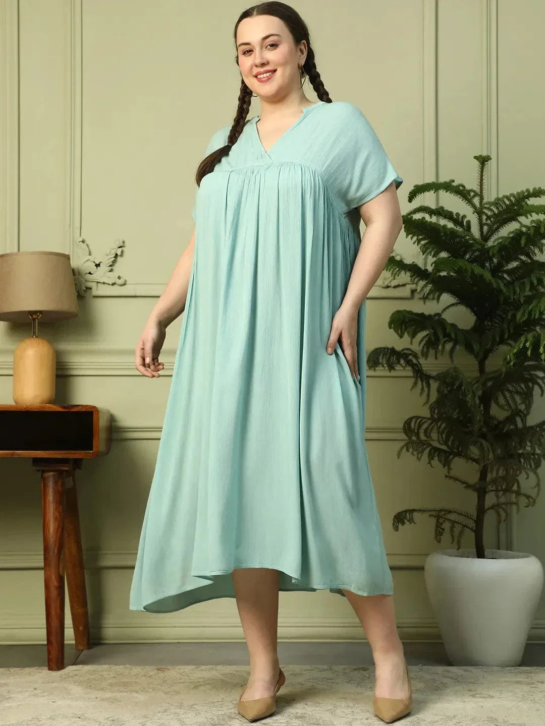 Light Green Short Sleeve Rayon Crepe Long Maxi Plus Size Women Dress - oxolloxo