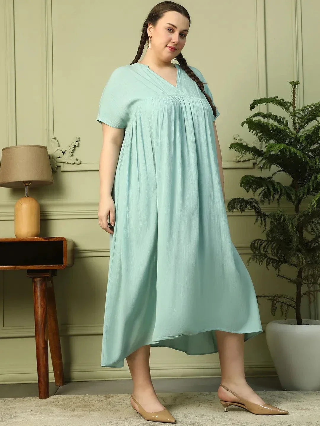 Light Green Short Sleeve Rayon Crepe Long Maxi Plus Size Women Dress - oxolloxo